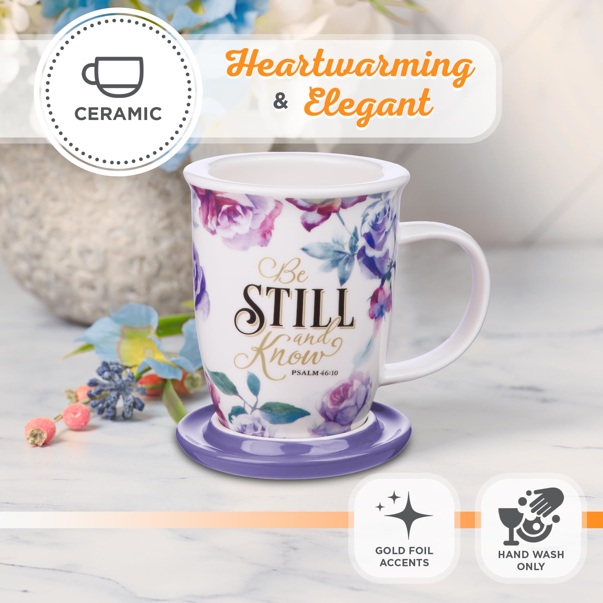 Christian Art Gifts Coffee/Tea Mug with Lid/Coaster Be Still and Know - Psalm 46:10 Bible Verse Encouraging Gift for Women 13 Ounce Ceramic Purple Roses Large Teacup with Lid