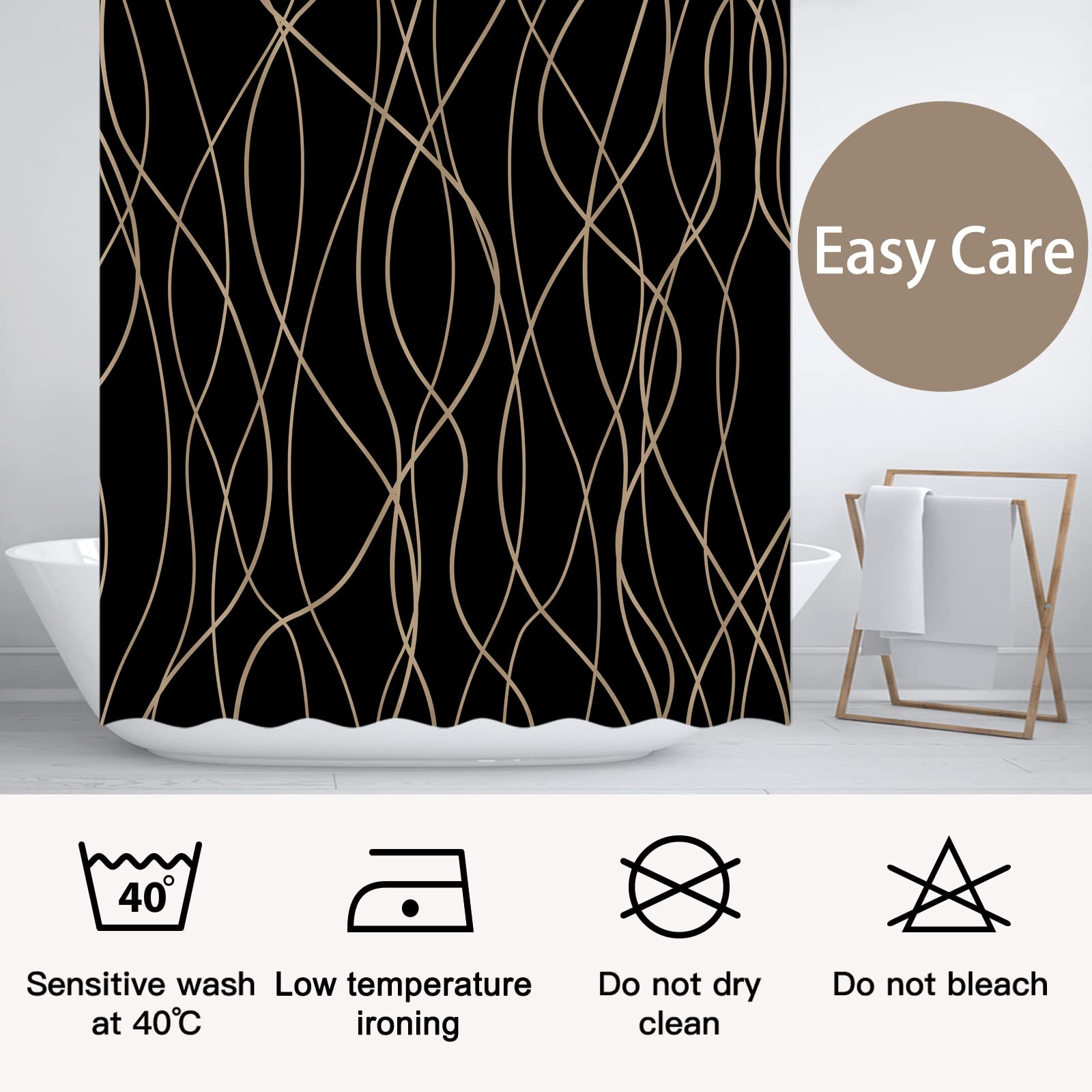 Punkray Black and Brown Striped Wavy Line Fabric Shower Curtain for Bathroom with 12 Hooks  Shower Curtains for Bathroom 72 Inches Long  Weighted Hem Waterproof Bath Accessories Hotel Style