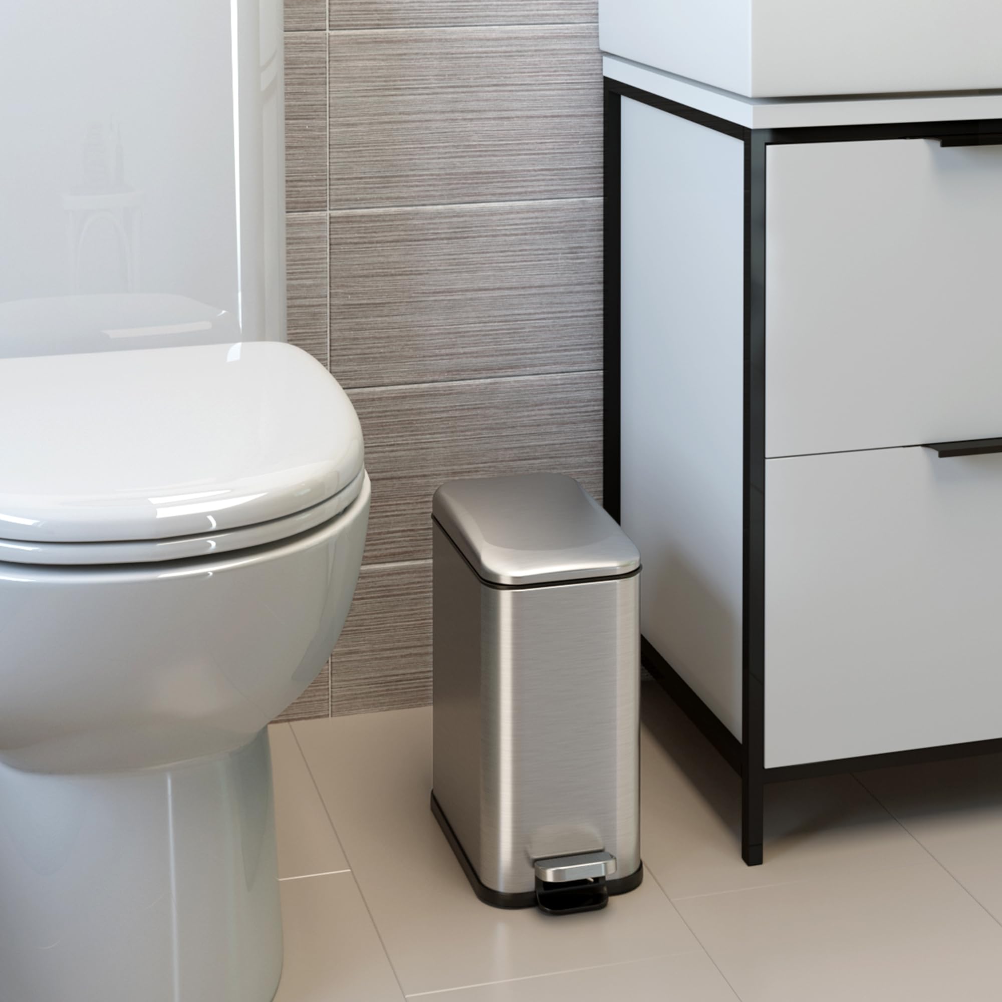 iTouchless SoftStep 1.3 Gallon Small Slim Bathroom Step Trash Can with Removable Inner Bucket & AbsorbX Odor Filter  Stainless Steel  5 Liter Garbage Bin  Bathroom  Bedroom  Business Office Cubicle
