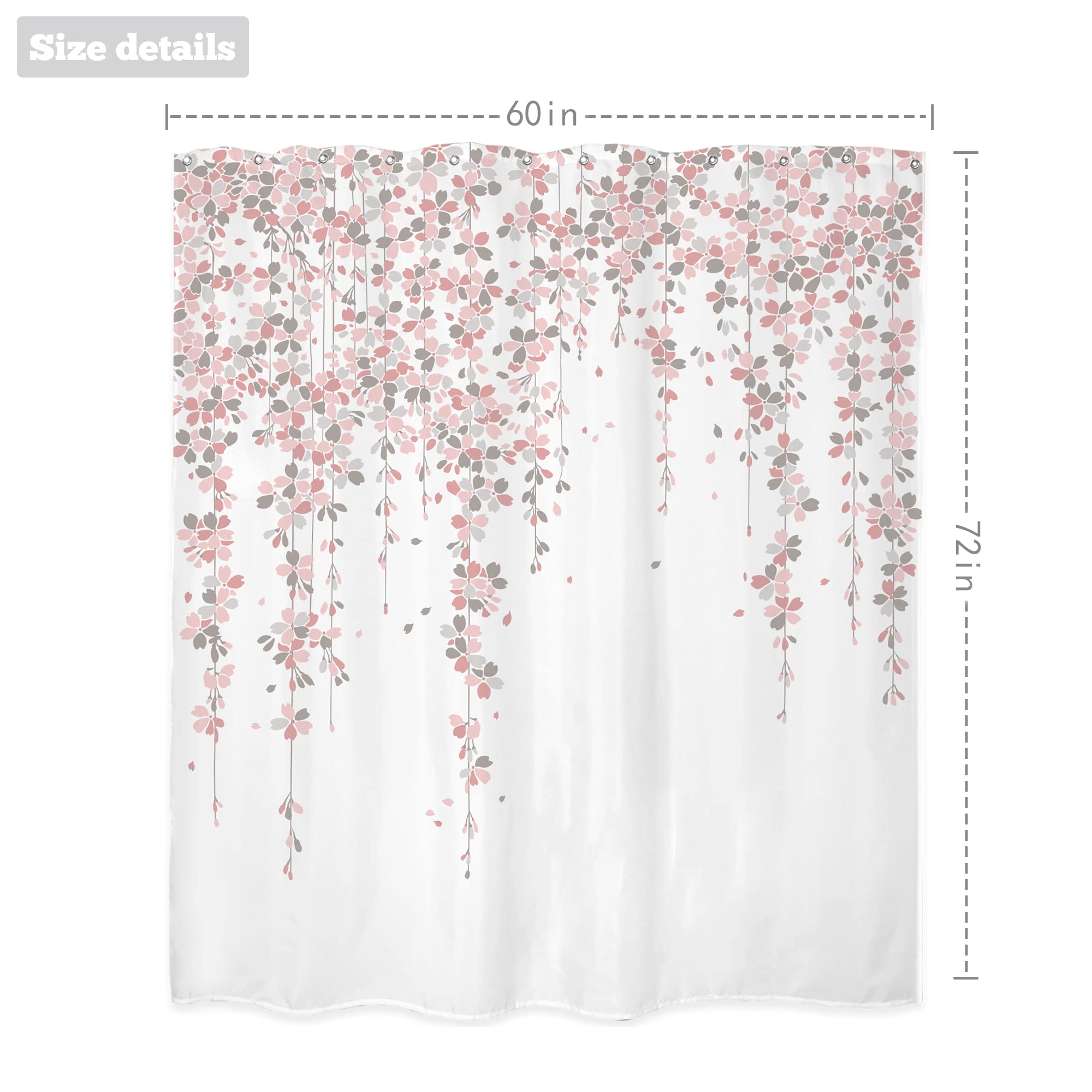 Lightinhome Grey Pink Floral Shower Curtain 60Wx72H Inches Weeping Cherry Blossom Dusty Roses Spring Flowers Bathroom Home Decor