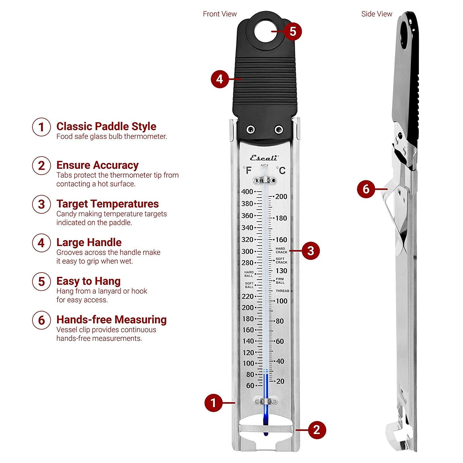Escali Deep Fry Stainless Steel Paddle Candy Thermometer, Heat Resistant Handle, And Hand-Free Clip, Temperature Indications