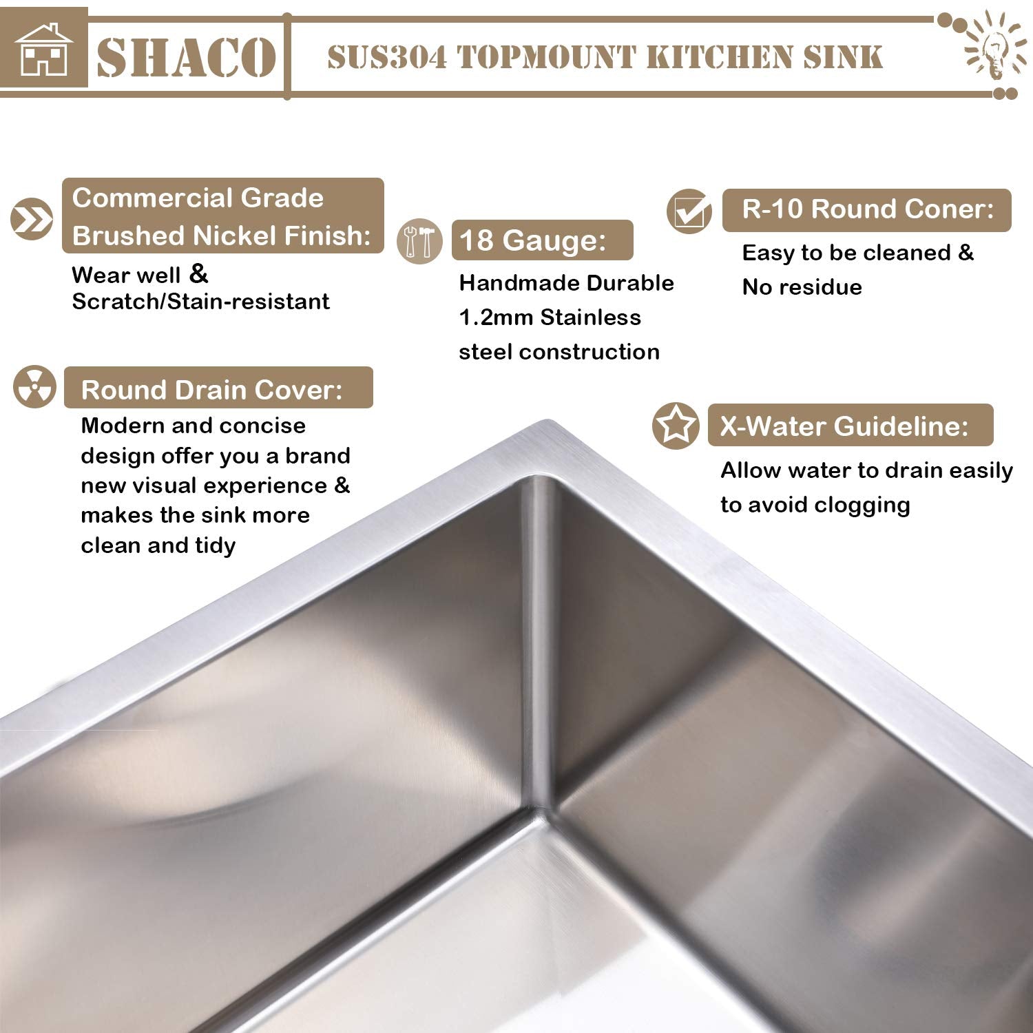 Shaco 15X20 Inch Drop In Bar Sink, Small Kitchen Sink For Rv, 16 Gauge 304 Stainless Steel Topmount Single Bowl Handmade Wet Pre