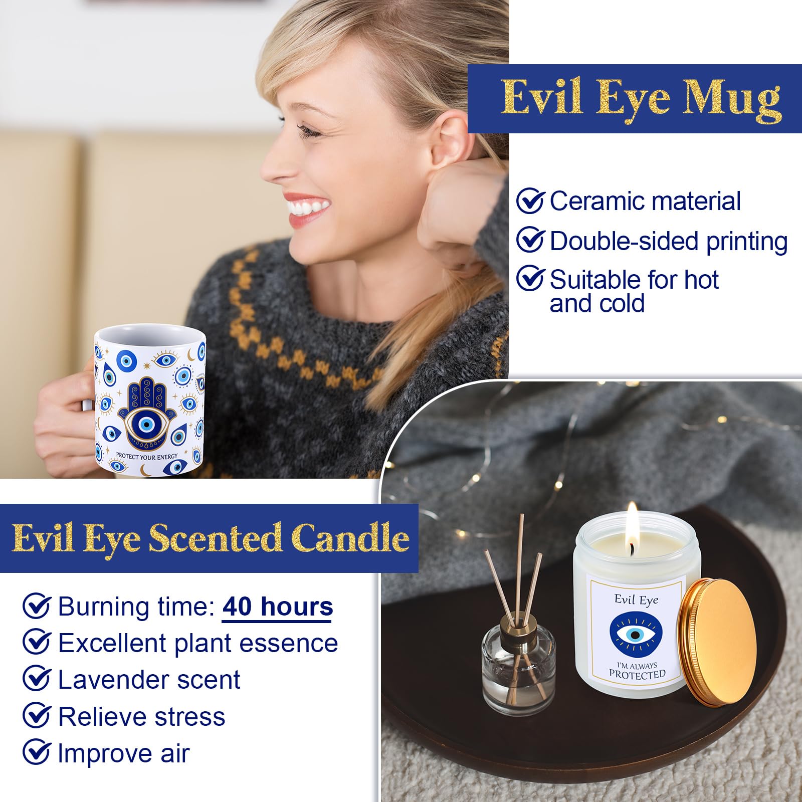 Skylety 8 Pcs Evil Eye Gift for Women Evil Eye Mug Protection Candle Bracelet Charm Makeup Bag Good Luck Card Spiritual Gift for