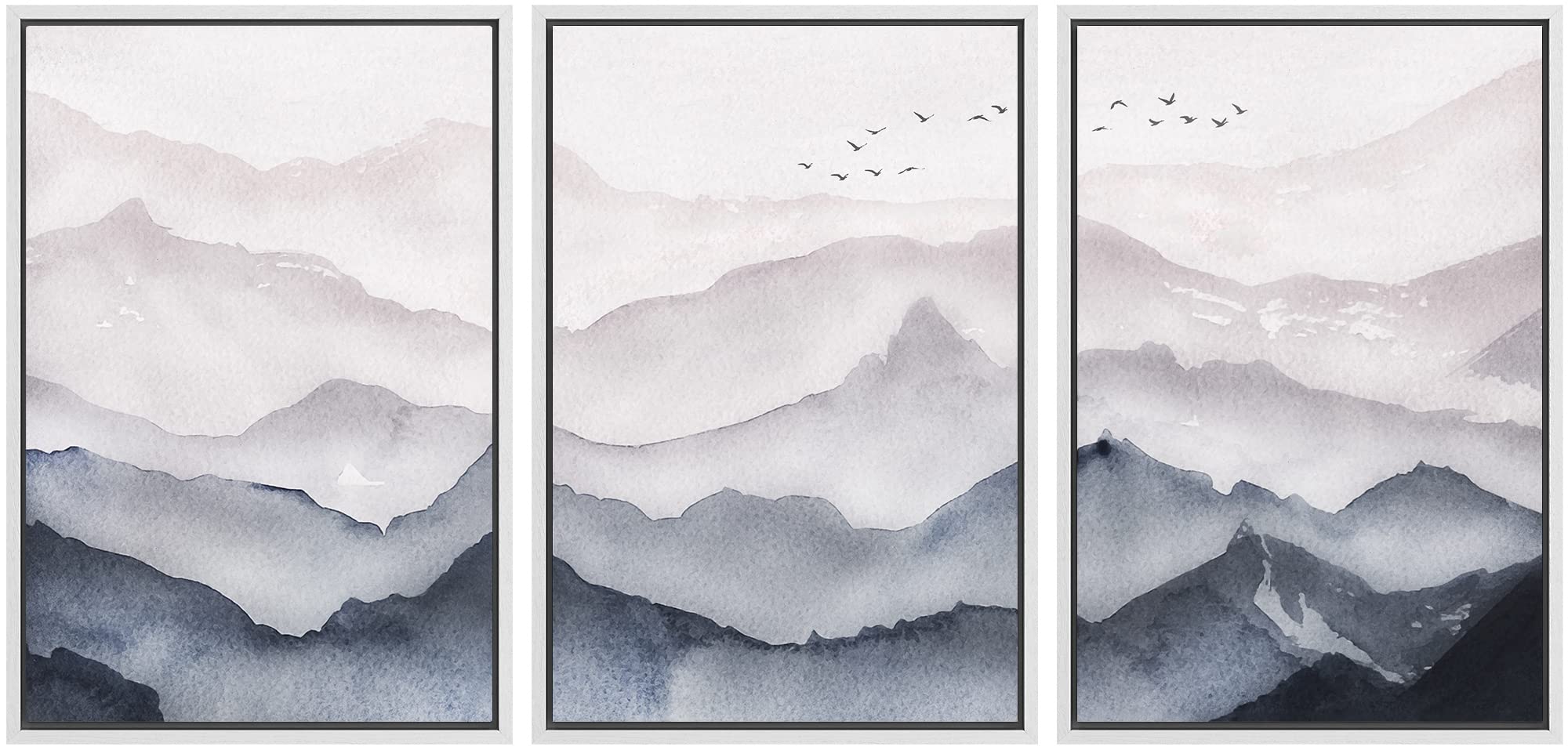 Signwin Framed Canvas Print Wall Art Set Blue Gray Mountain Range Fog & Mist Nature Wilderness Illustrations Modern Art Decorati