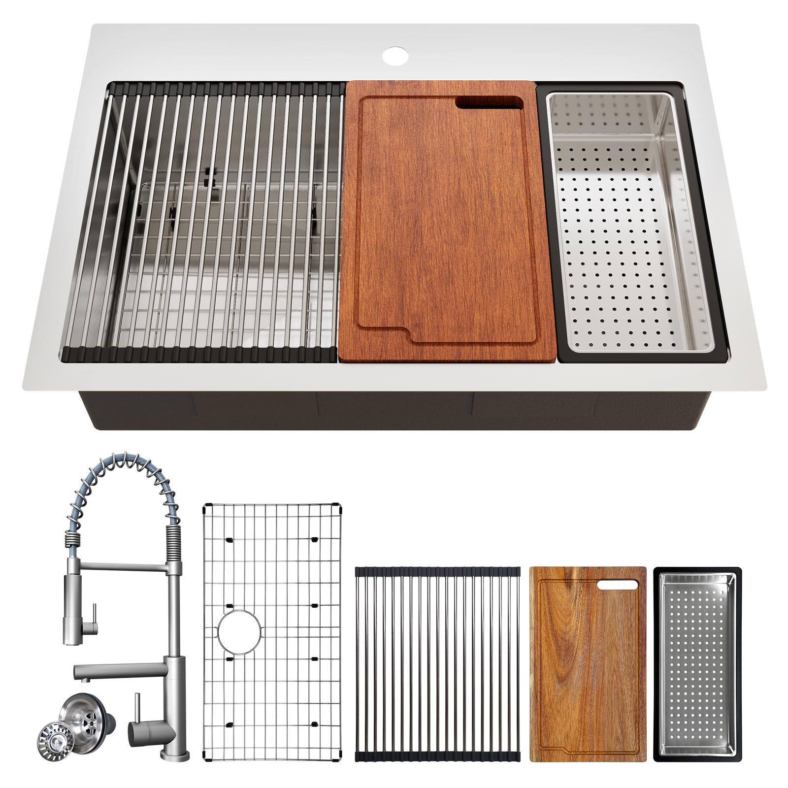 Kitchen Sink Workstation, Tecasa 33 Inch Kitchen Sink With Faucet Combo, Dual Mount Drop In Sink Single Bowl Stainless Steel Met