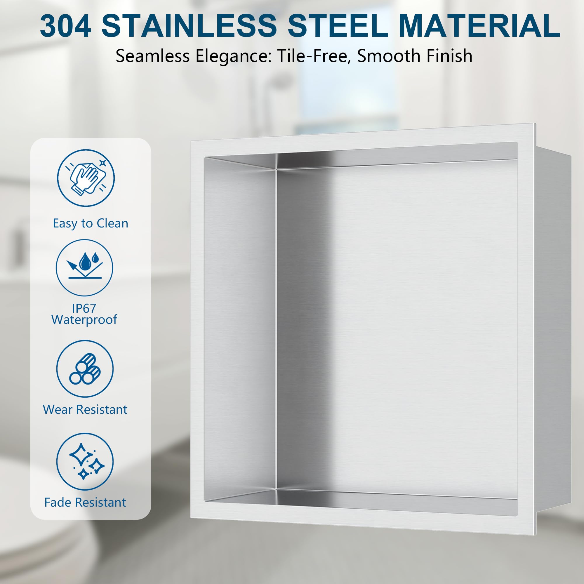 Neodrain No Tile Shower Niche, Bathroom Shelf Inner Size 12'' X 12'', Brushed Stainless Steel Bathroom Wall Niche Cubby, No Tile
