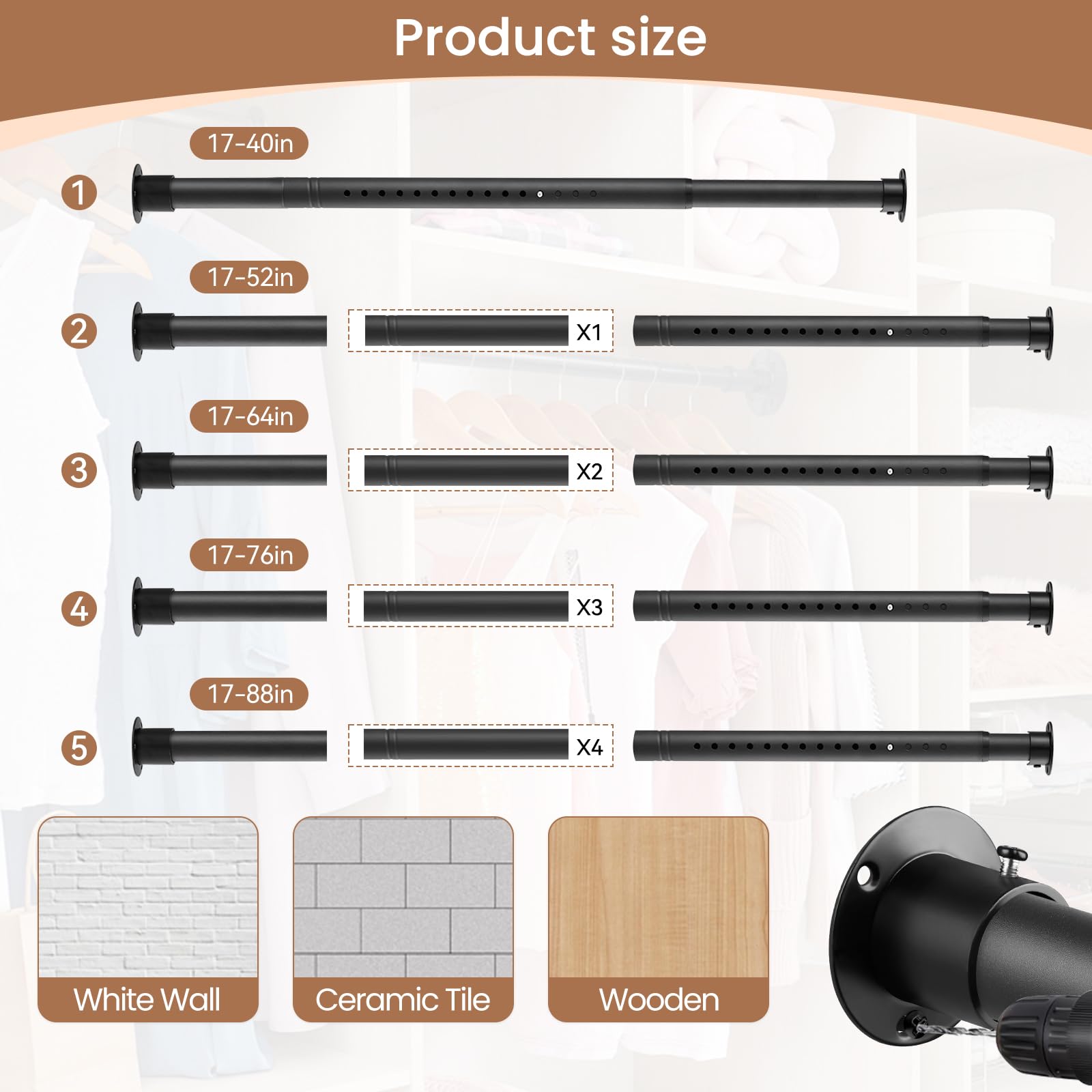 Closet Rod, 17 To 40 Inch 1.3 Inch Diameter Heavy-Duty Adjustable Closet Rods For Hanging Clothes Closet Hanging Rod Metal Matte