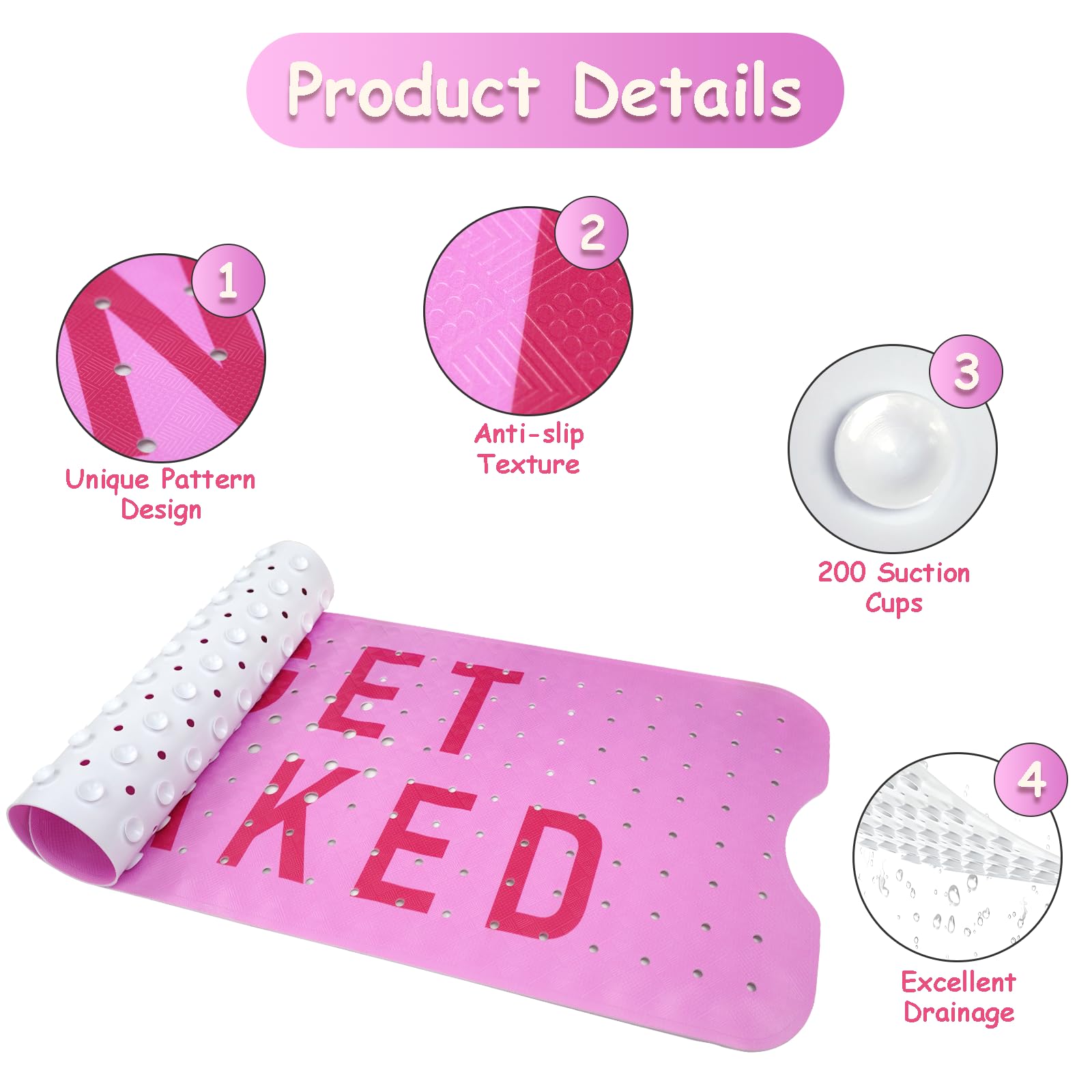 Bathtub Mat Non Slip, Get Naked Extra Long Bath Tub Mat Shower Floor Mat With Suction Cups And Drain Holes For Adults Kids Elder