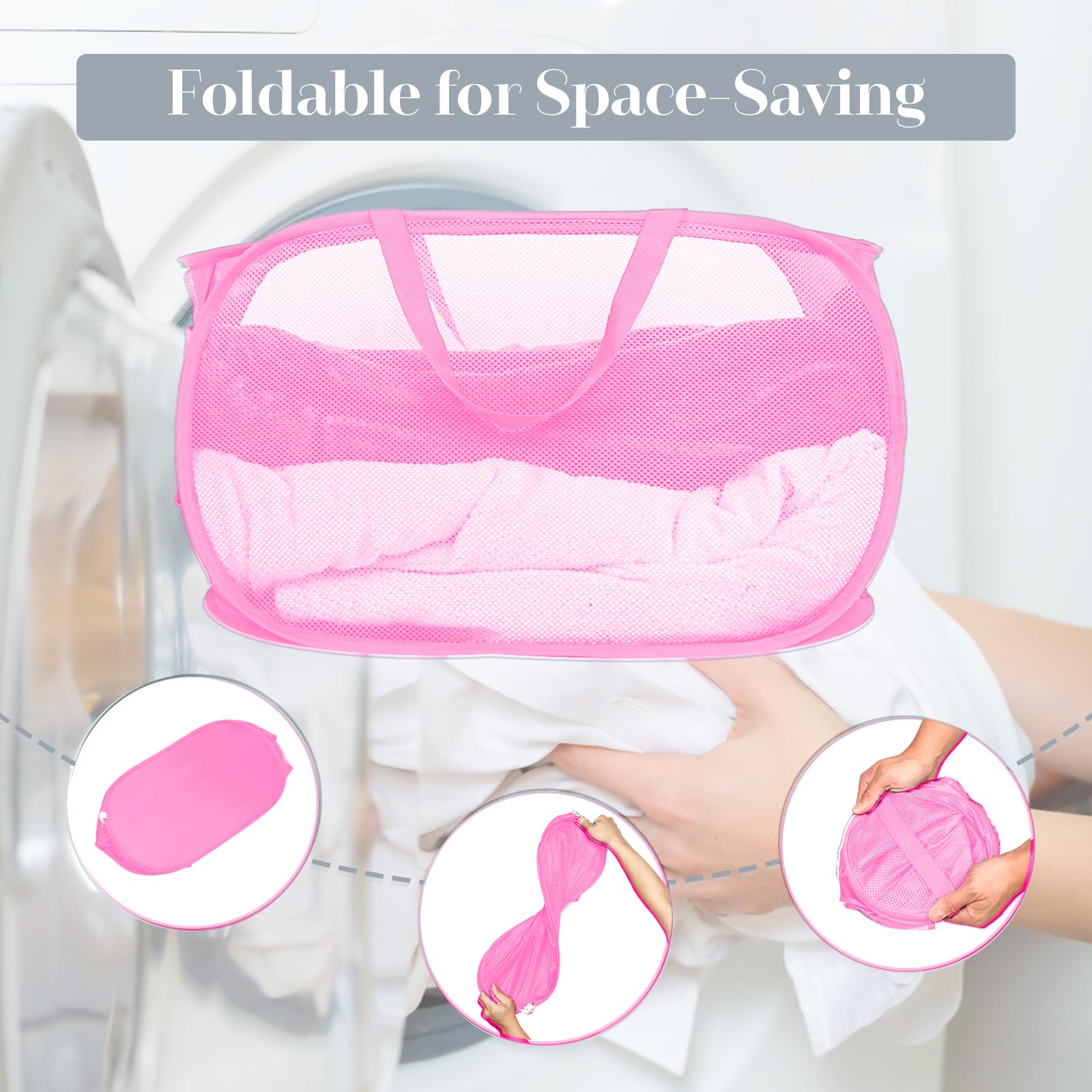 Durable Collapsible Laundry Baskets  Mesh Pop Up Laundry Hamper with Side Pocket  Foldable Clothes Storage Hamper with Reinforced Carry Handles for Laundry  Bathroom  Kids Room  Dorm or Travel Pink