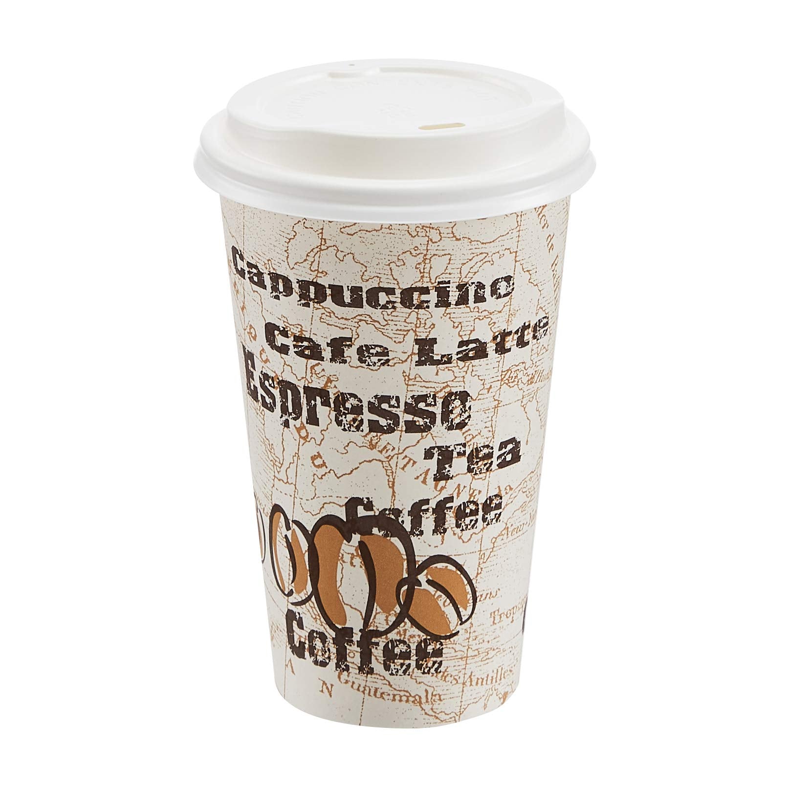 Amazon Basics Disposable Hot Paper Coffee Cups with Lids, To Go, Caf Design, 16 oz, 100Count