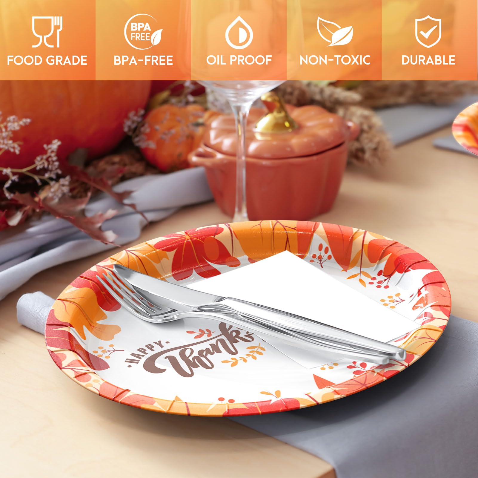Gezond 50 Pcs Thanksgiving Oval Paper Plates, 10 x 12.5 Fall Disposable Heavy Duty Plates for Thanks Theme Party Supplies Autumn
