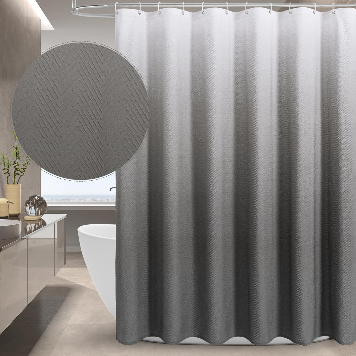 Gibelle Ombre Grey Shower Curtain, 3D Embossed Textured Herringbone Fabric Shower Curtain, Modern Farmhouse Bathroom Decor Soft