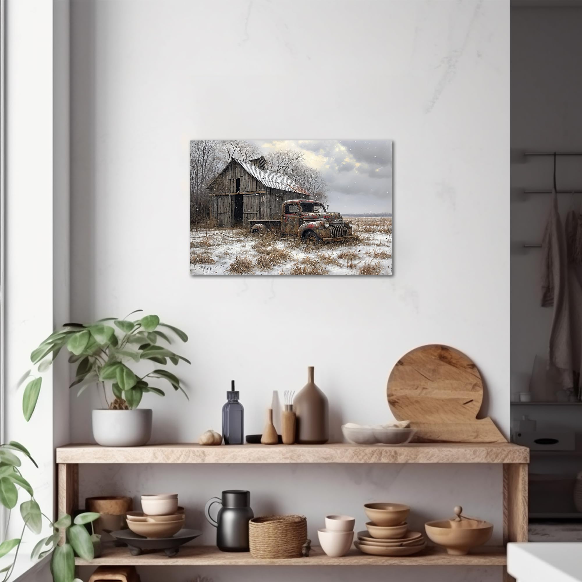 ANRUOXI Farmhouse Truck Wall Art - Vintage Red Truck Canvas Print, 18"x24", Rustic Wood Framed Artwork for Country Home Decor