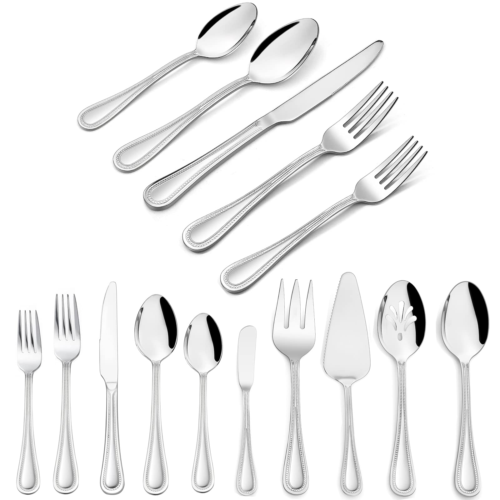 45-Piece Silverware Set With Serving Utensils, Haware Stainless Steel Flatware Service For 8, Pearled Edge Tableware Cutlery For