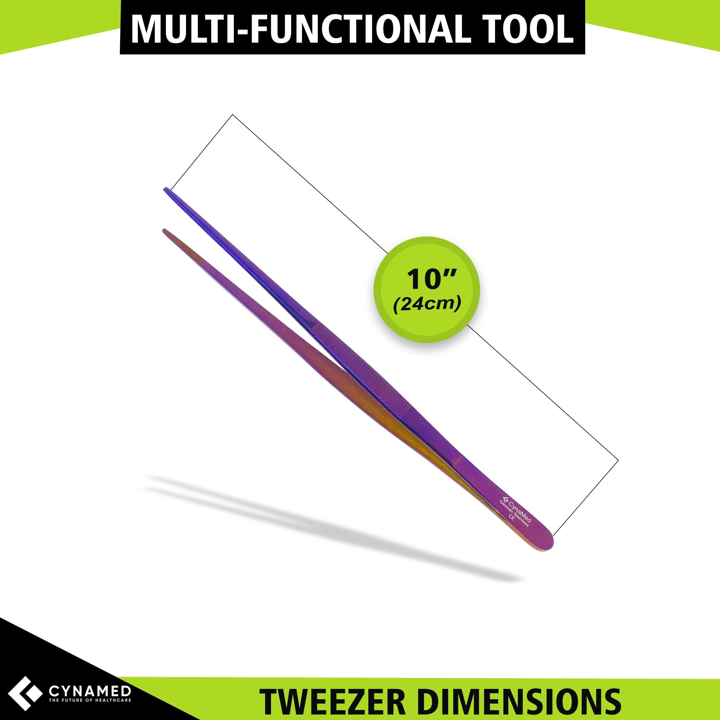 Cynamed 10    Kitchen Premium Tongs Tweezers Stainless Steel, Long With Precision Serrated Tips (Purple)
