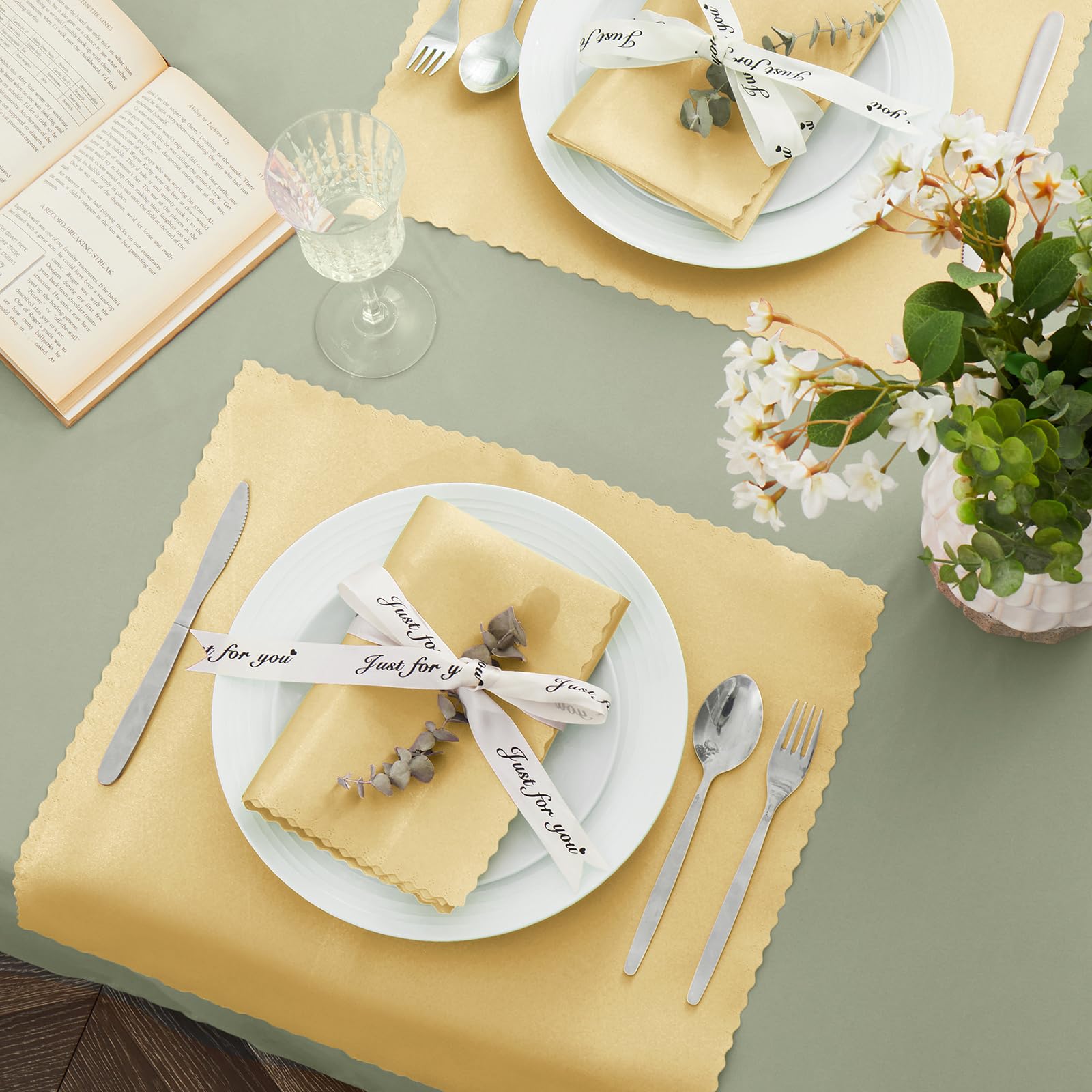 Vacvelt 24 Pack Gold Satin Napkins 17X17 Inch Wedding Napkins, Scalloped Elegant Dinner Napkins Square Table Napkins Decor, Silk