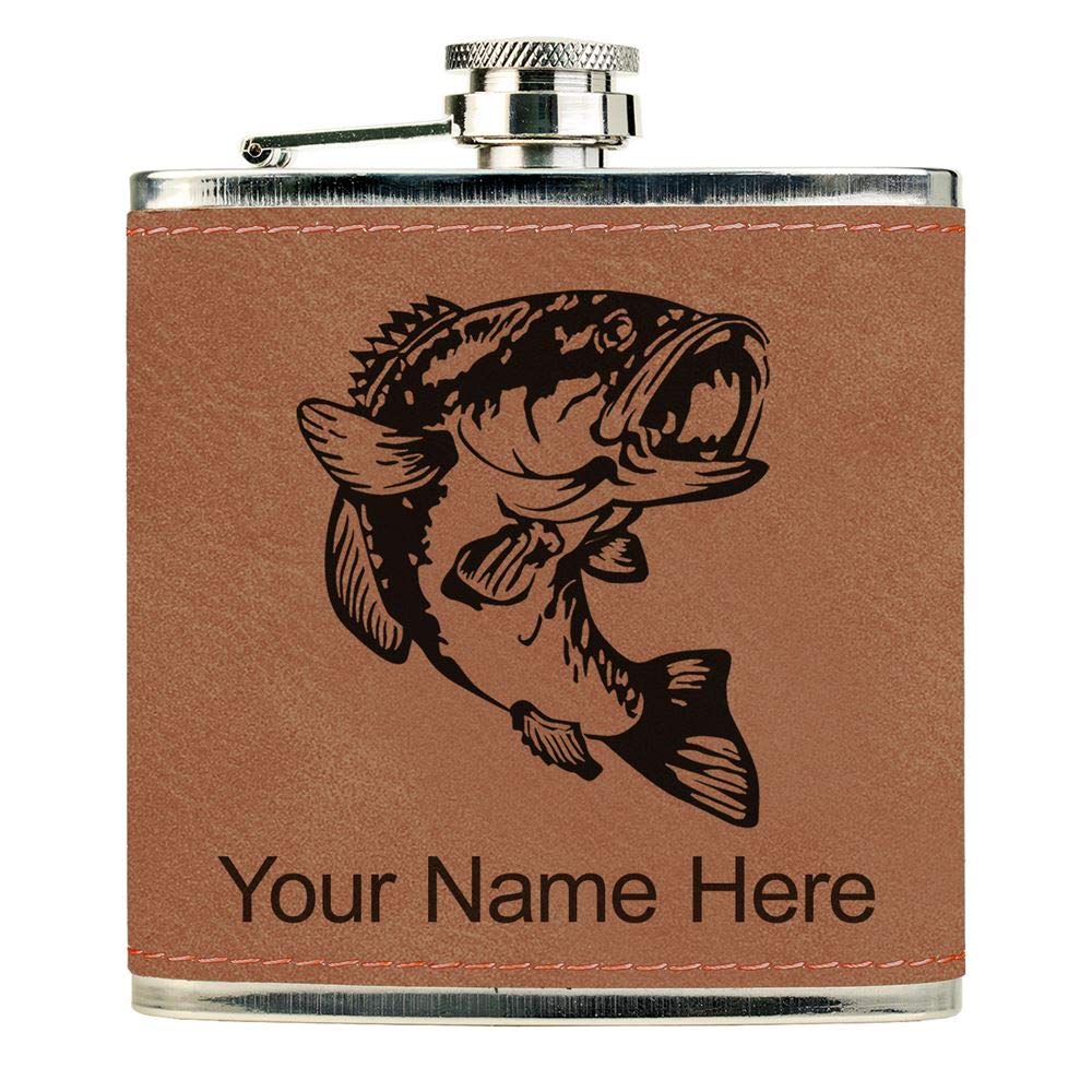 Faux Leather Flask, Bass Fish, Personalized Engraving Included (Dark Brown)