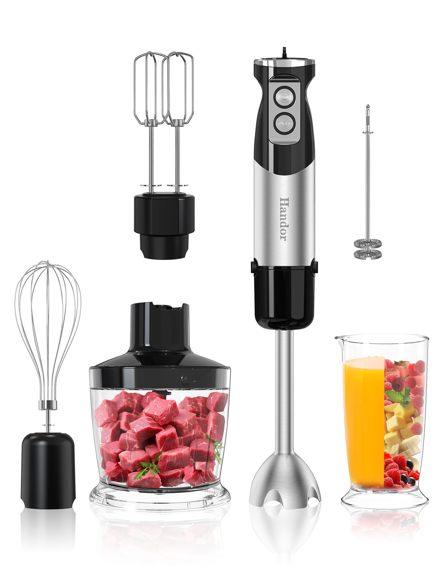 Handor 6-in-1 Hand Immersion Blender, 1000W 12 Speed Handheld Blender with 600ml Beaker, 500ml Chopper, Egg Whisk, Milk Frother,