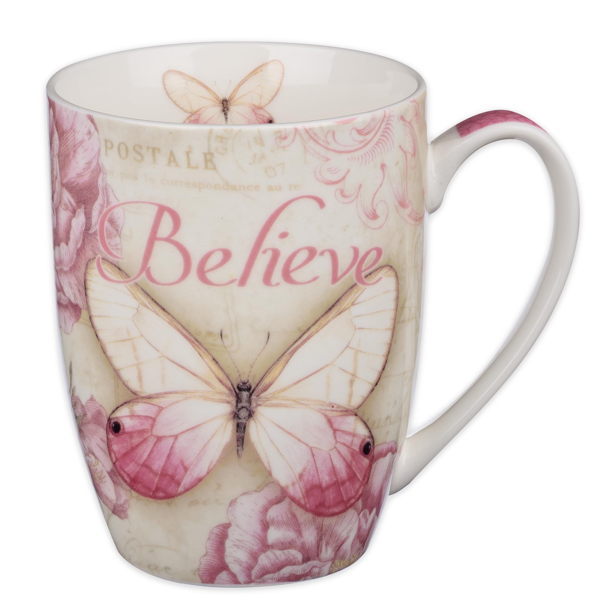 Believe Butterfly Mug     Botanic Pink Butterfly Coffee Mug w/Mark 9:23, Bible Verse Mug for Women and Men     Inspirational Cof