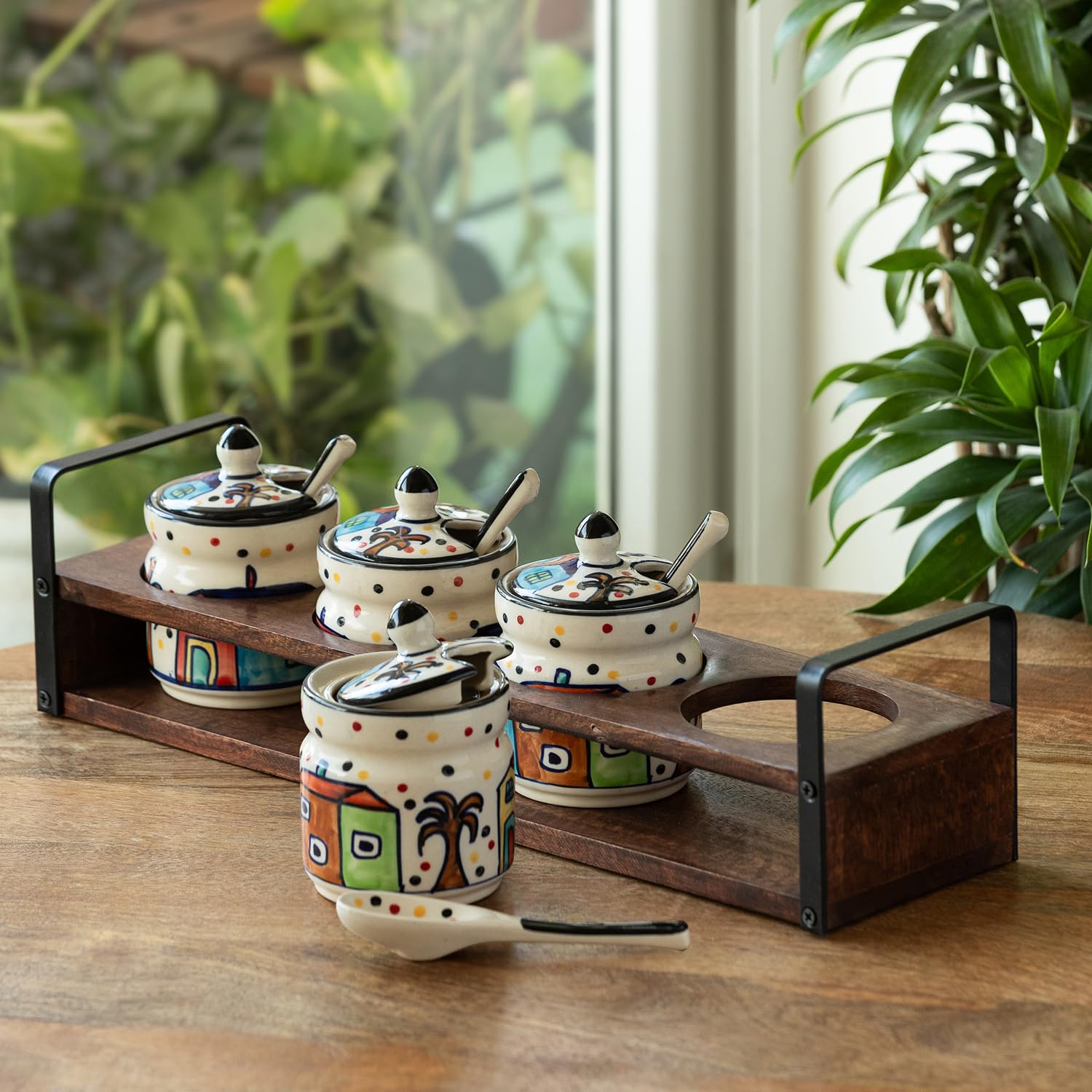 Exclusivelane The Hut Ceramic Pickle Jars For Dining Table With Spoon & Wooden Holder (Set Of 4, NonAirtight, 280 Ml) |Pickle
