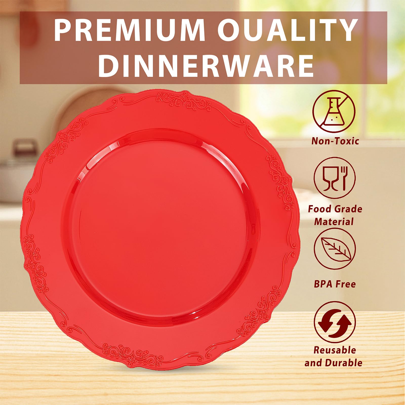U-Qe 100Pcs Red Plastic Plates - Heavy Duty Valentines Plates Disposable, Red Plates Disposable Include 50Pcs 10.25'' Dinner Pla
