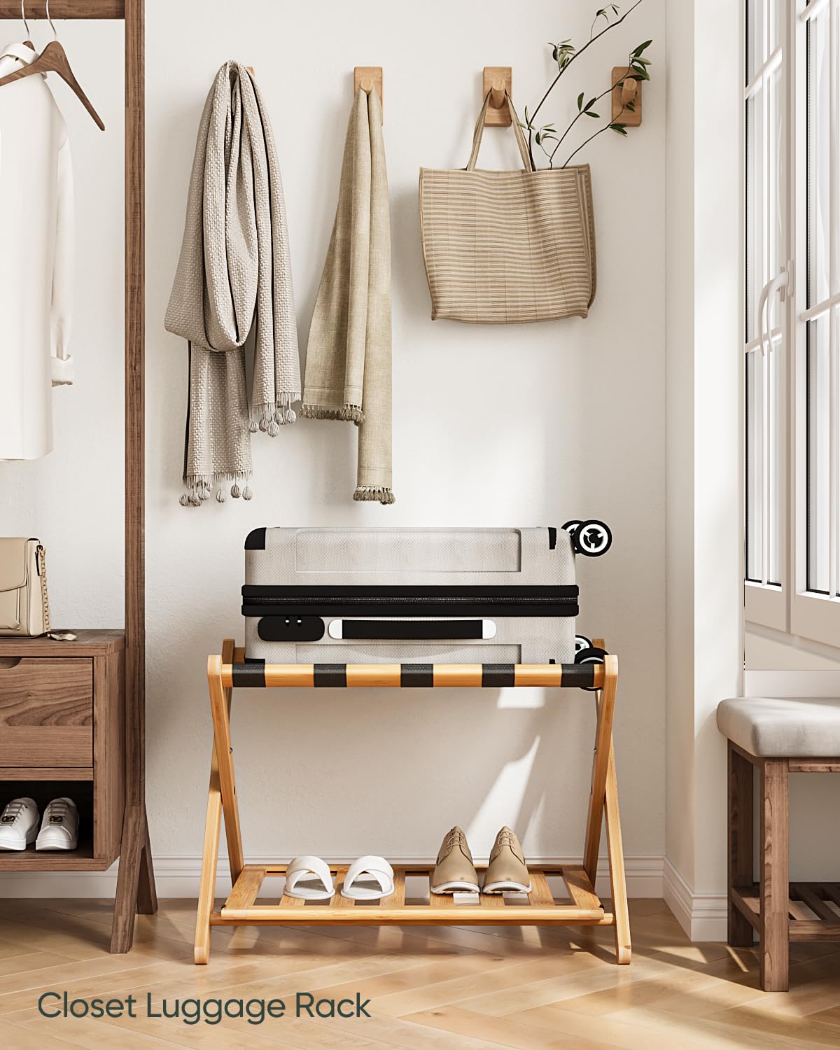 Smart Fendee Fully Assembled Bamboo Luggage Rack, Guest Room Essentials, Heavy Duty Folding Suitcase Stand With Storage Shelf, I