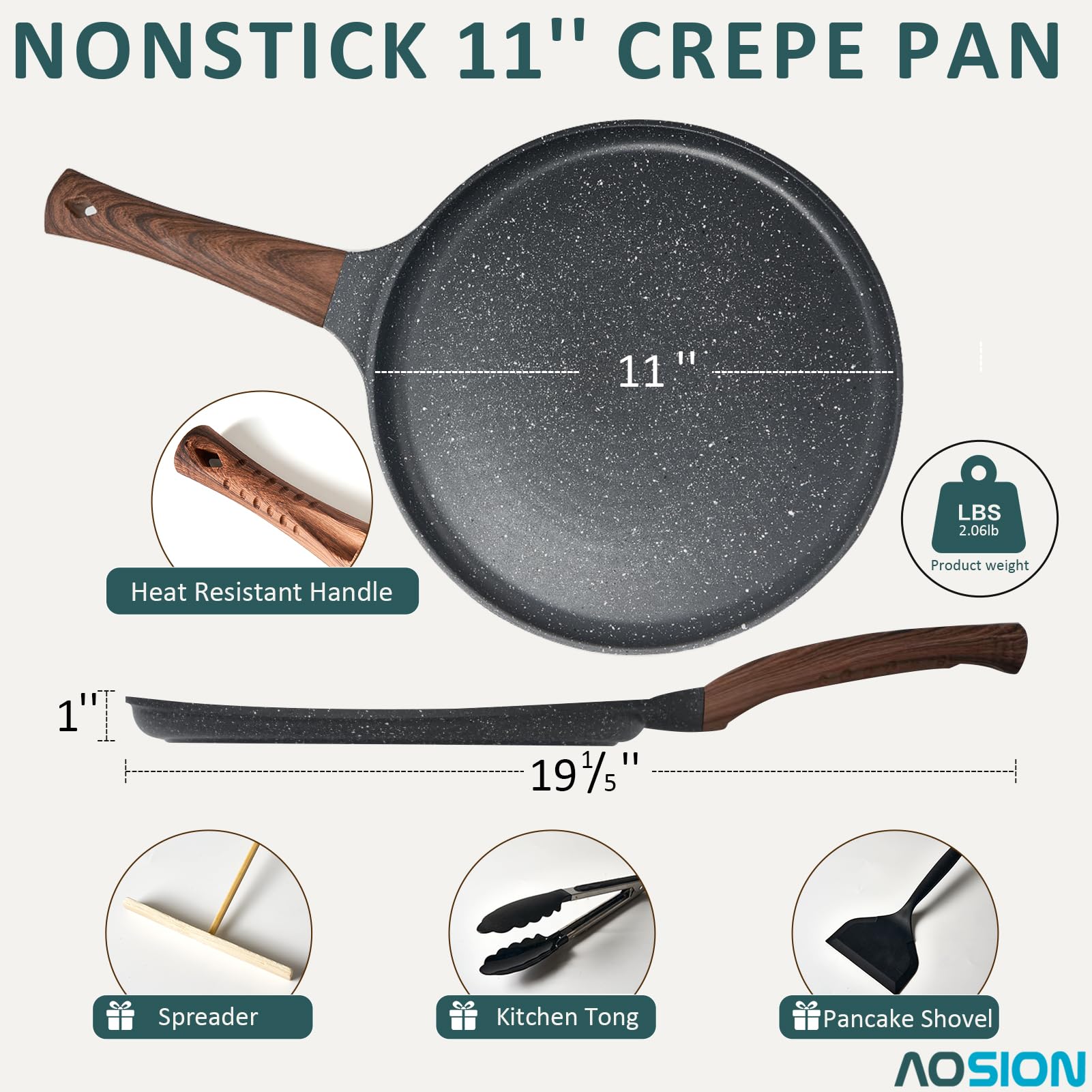 Aosion 11 Inch Crepe Pan Nonstick Dosa Tawa Pan,Skillet Pan,Cast Aluminum Tortilla Pan For Pancake Omelette Steak Frying Egg Wit