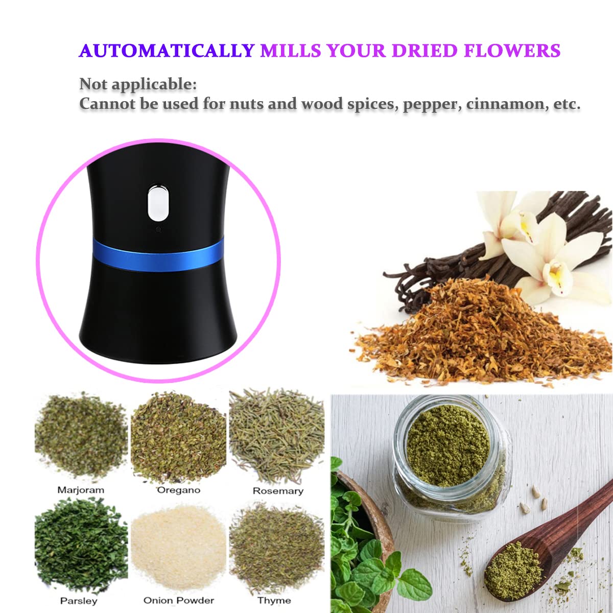 Spacenight Electric Herb Grinder Compact For Flower Buds, Usb-Rechargeable, 2Pcs 1.7Oz Glass Herb Chamber - Ideal For Everyday C