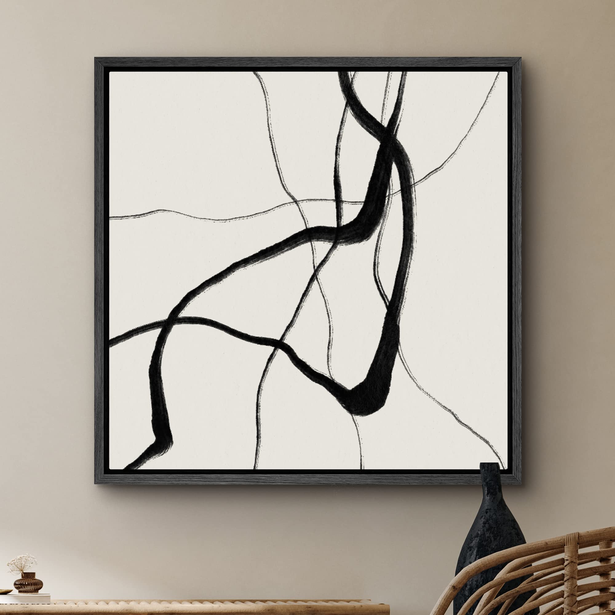 Signwin Framed Canvas Print Wall Art Black Paint Stroke Ribbon Collage Abstract Shapes Illustrations Modern Art Decorative Conte