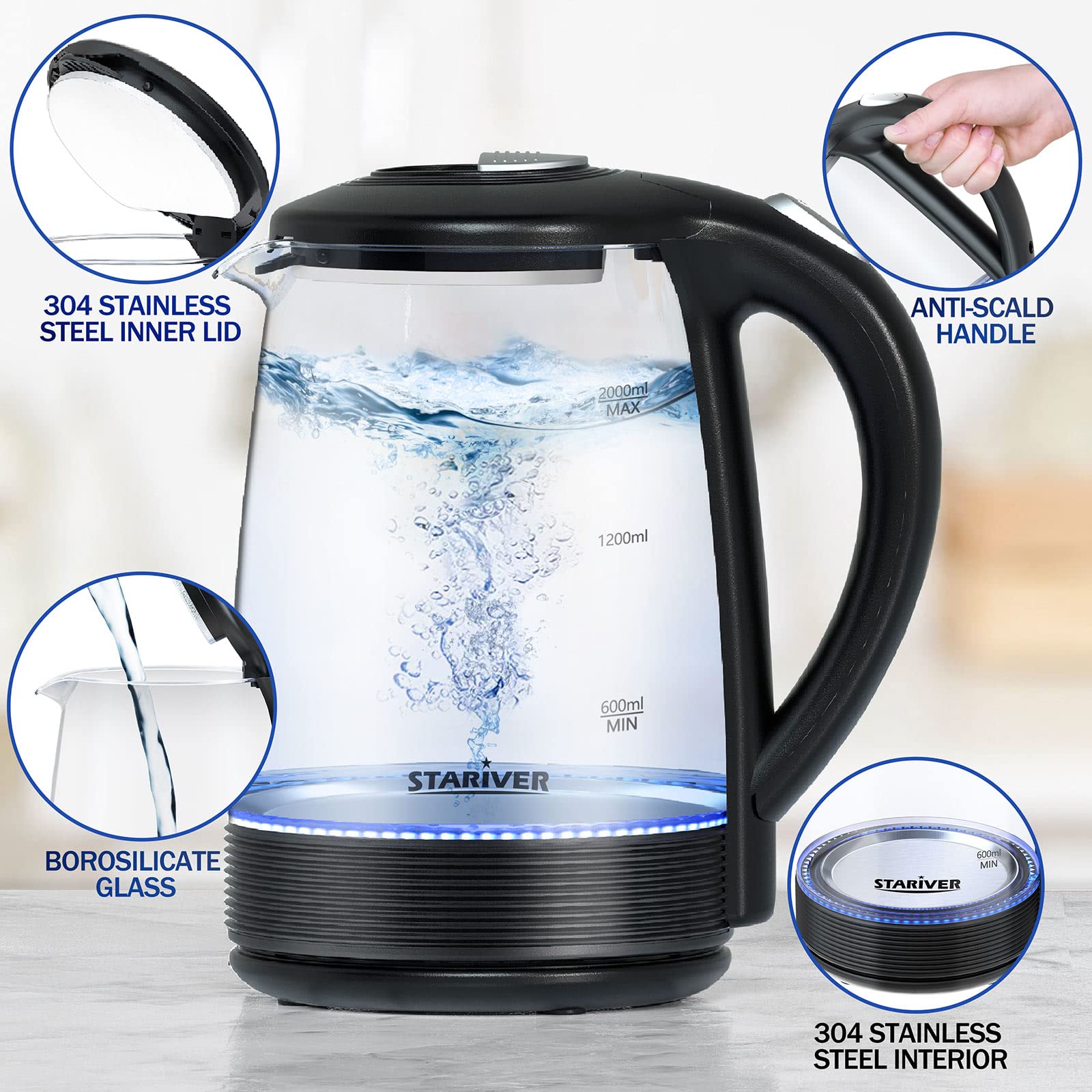 Stariver Electric Kettle  2L Electric Tea Kettle  BPA-Free Glass Kettle with LED  Hot Water Kettle with Fast Boil  Auto Shut-Off & Boil-Dry Protection  Stainless Steel Inner Lid & Bottom  Black