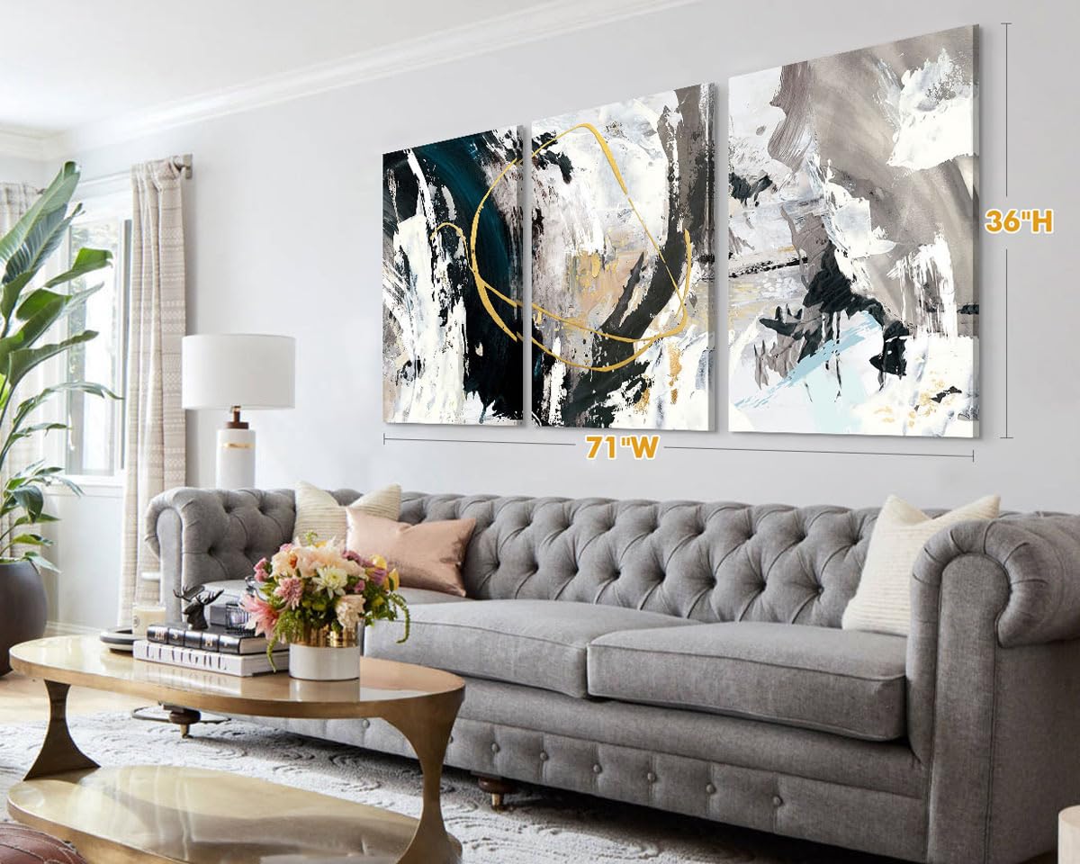 GIFTTWART Wall Decor Living Room Modern Canvas Wall Art Extra Large Abstract Artwork Office Decor Black White Wall Picture Handmade Textured Painting for Dining Room Home Wall Decoration 71X36in
