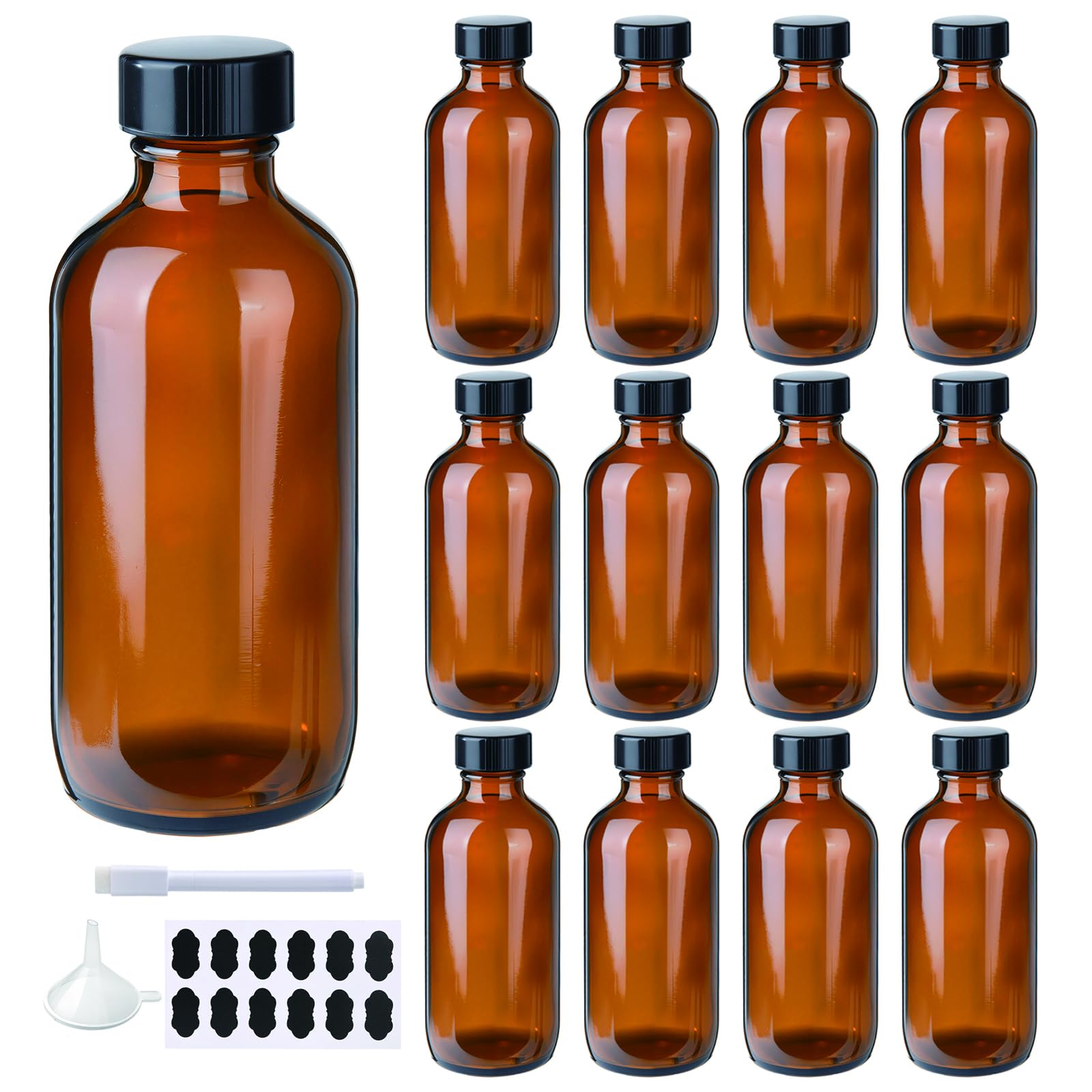 BPFY 12 Pack 4oz Glass Boston Round Bottles, Amber Glass Bottles with Black Lids, Leak Proof, Handy Storage for Homemade Essenti