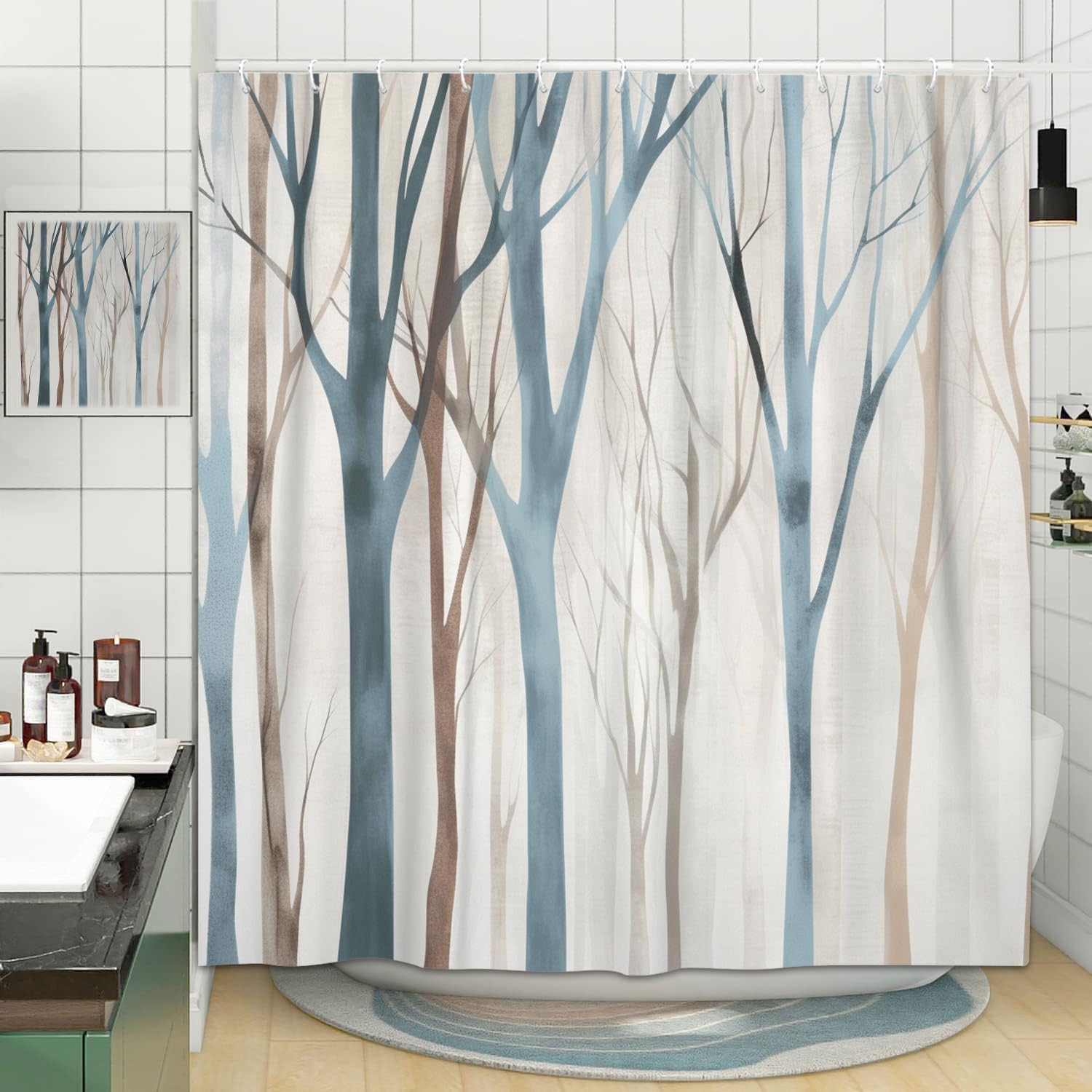 Merchr Brown Blue Tree Fabric Shower Curtain, Art Style Abstract Birch Forest Rustic Wood Polyester Fabric Waterproof Bath Curta