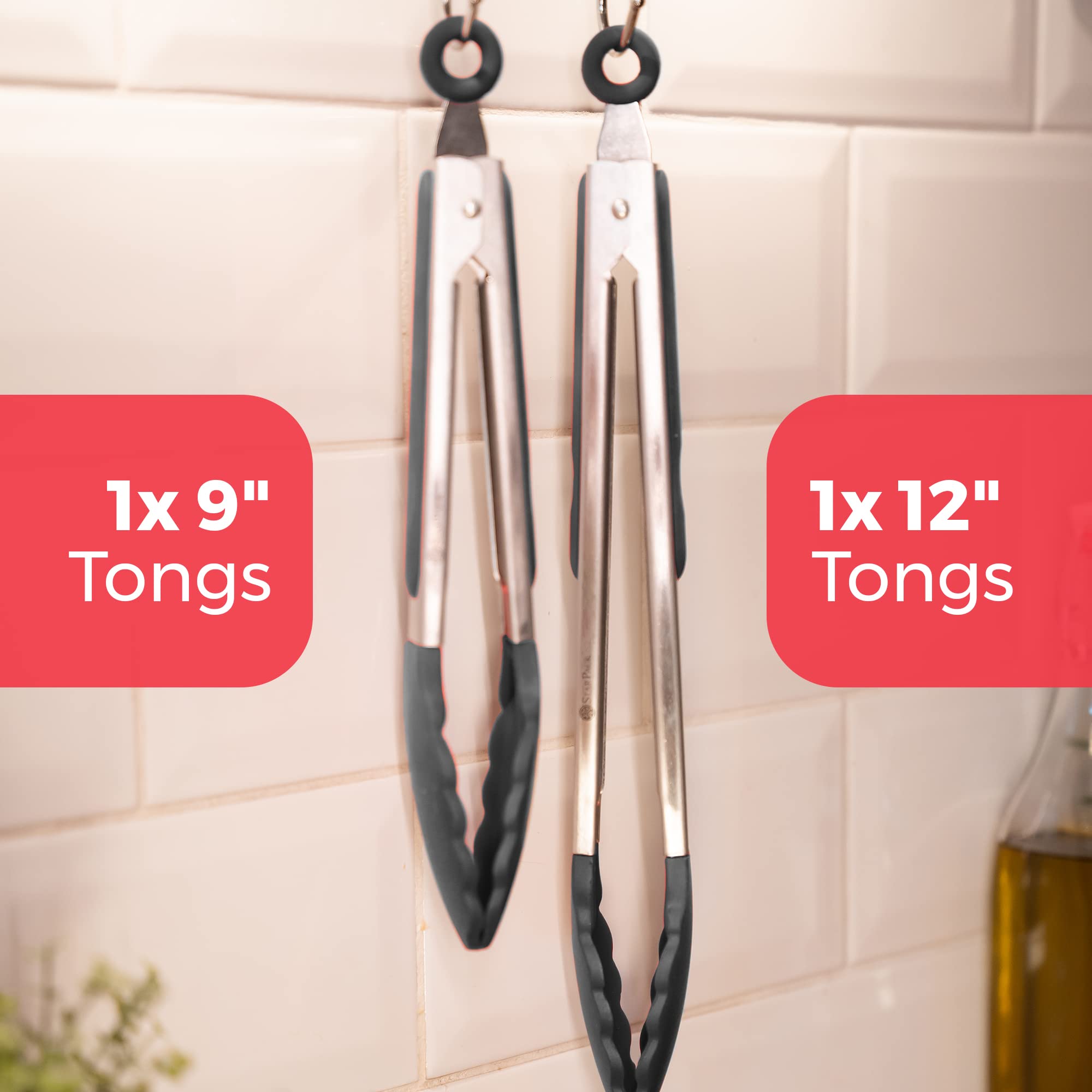 StarPack Premium Silicone Kitchen Tongs for Cooking Set (9'' & 12'' Gray Black) - Stainless Steel Tongs for Cooking with Silicone Tips - Non-Stick  High Heat Resistant Silicone Tongs (600