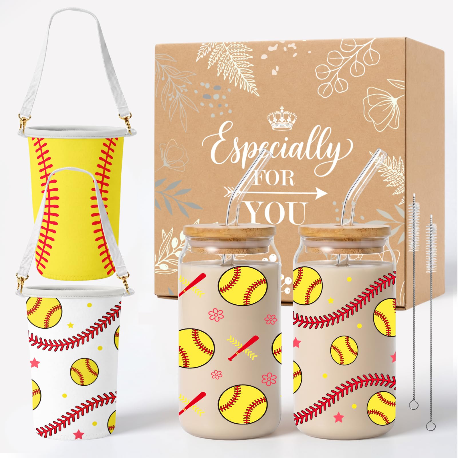 Culudea Softball Gifts For Women, Glass Cups with Lids and Straws, 5 Pack