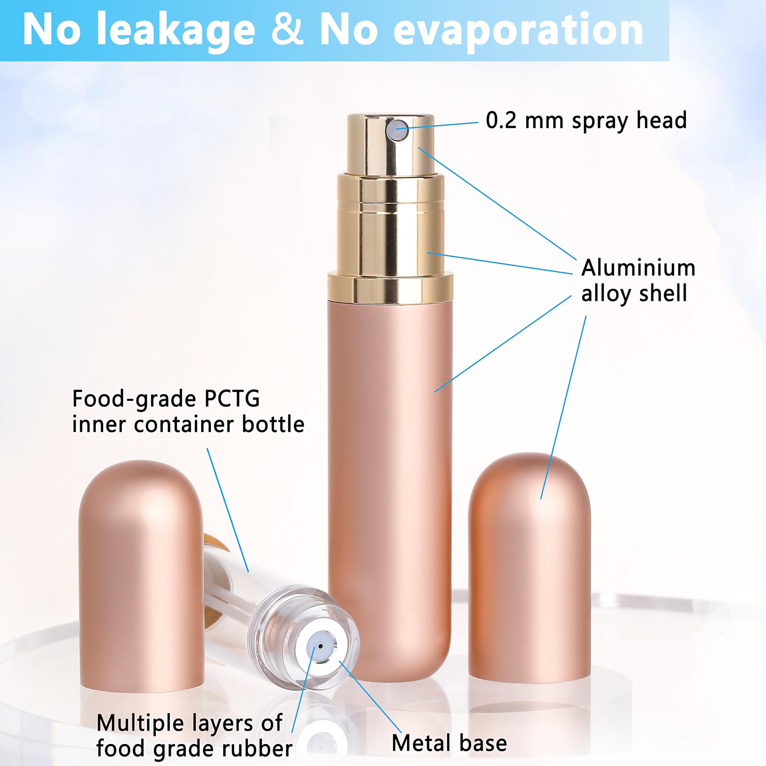 Qavhun Travel Refillable Perfume Atomizer Bottle 2-Pack 5Ml Leakproof Travel Perfume Refillable Bottle (Rose Gold & Rose Gold)