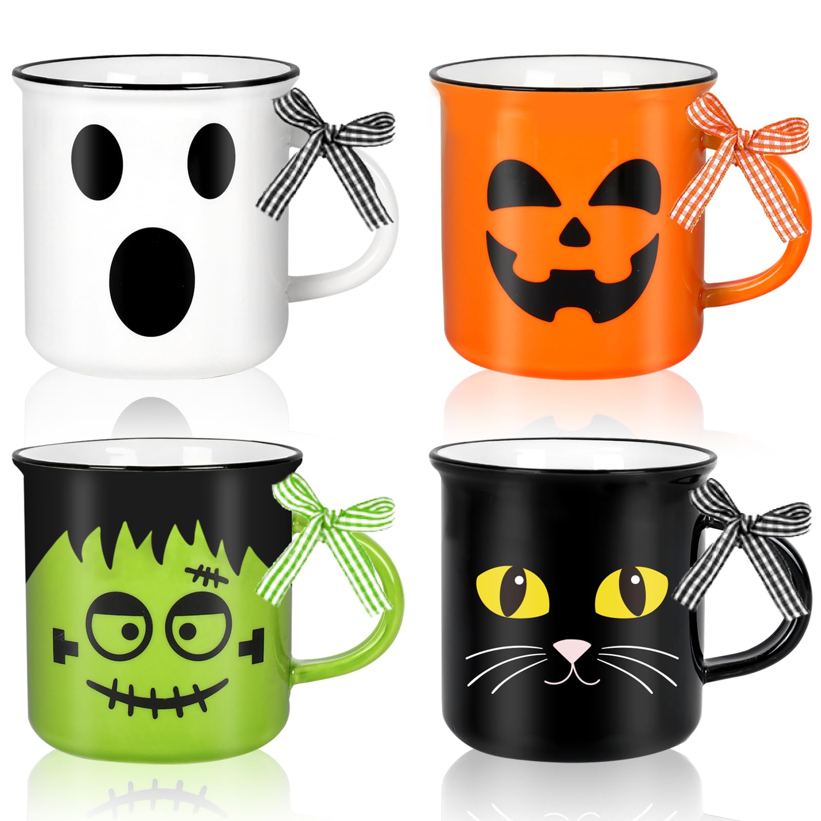 Whaline 4Pcs Halloween Mini Mugs with Plaid Ribbon Cat Monster Ghost Pumpkin Mini Coffee Mug Halloween Party Cups for Table Cent