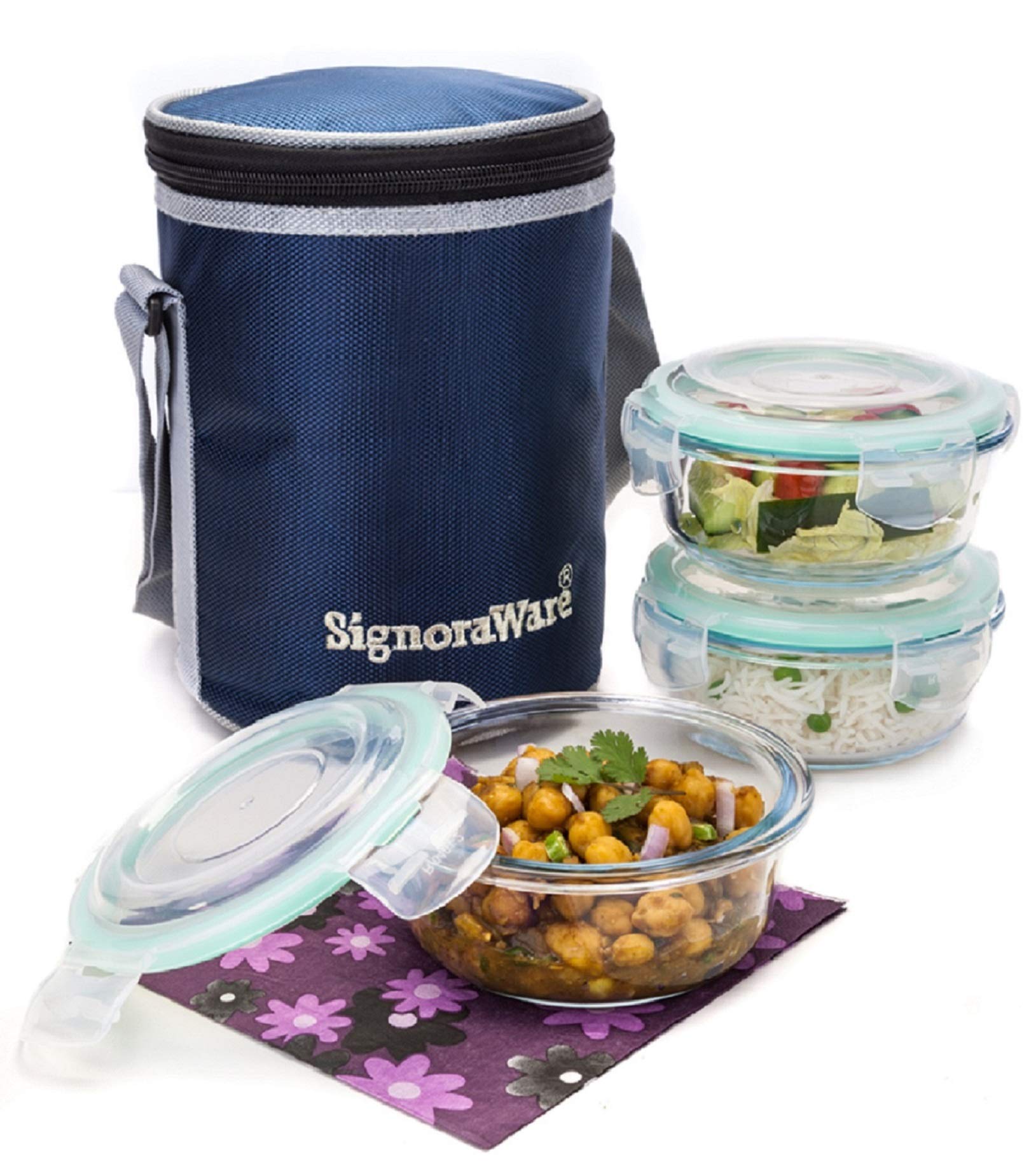 SignoraWare Executive High Microwave Safe Office Lunch Box Set with Bag | Borosilicate Glass | Safety Lock Airtight Tiffin Conta