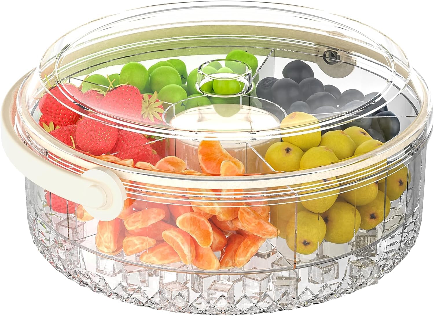 Blurism 360 Rotating Divided Serving Tray With Lid & Handle  6 Compartment Snack Organizer, Spinning Veggie & Fruit Tray, Lazy 