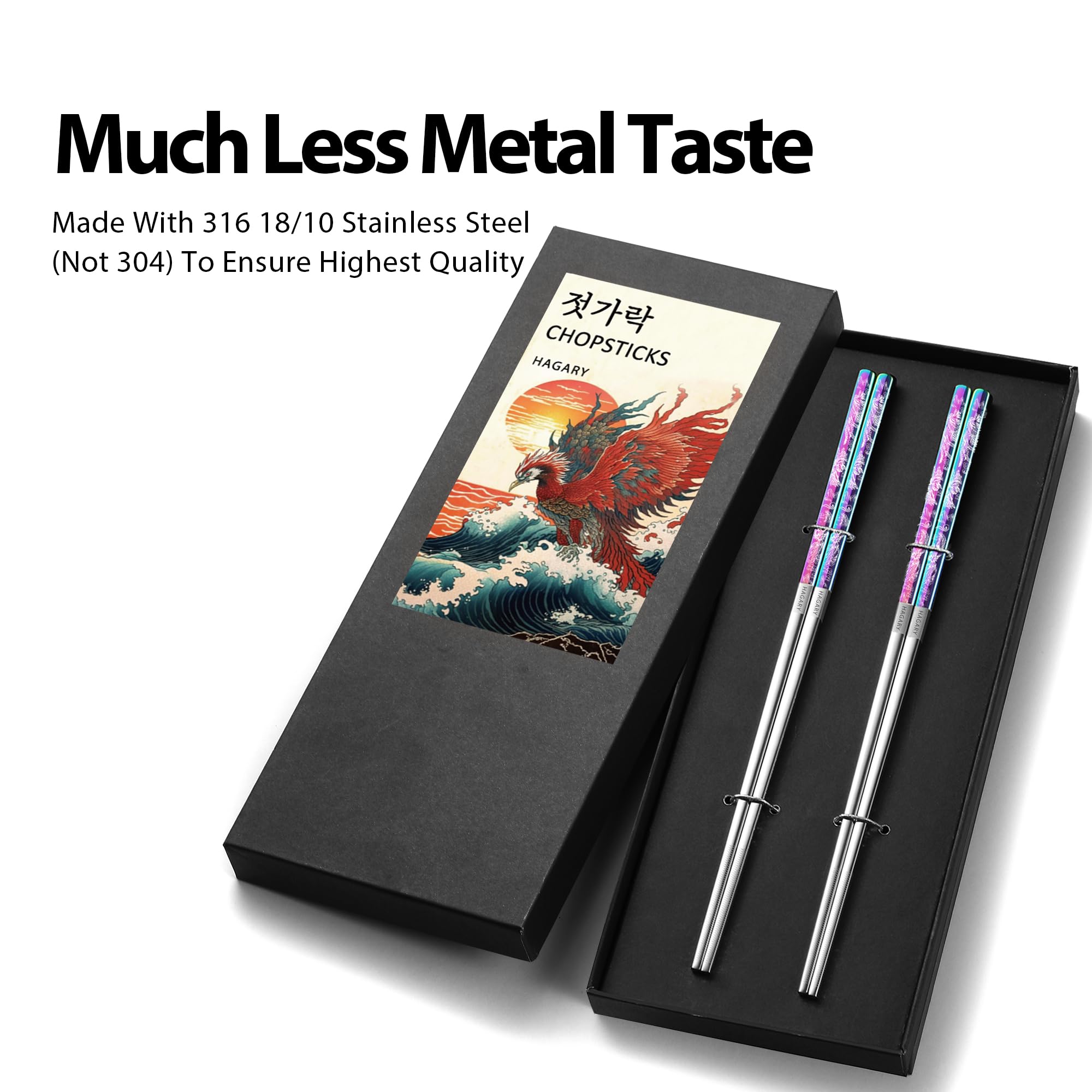 Phoenix Chopsticks Metal Reusable Designed In Korea Japanese Style Stainless Steel 316 18/10 Non-Slip Dishwasher Safe Laser Etch