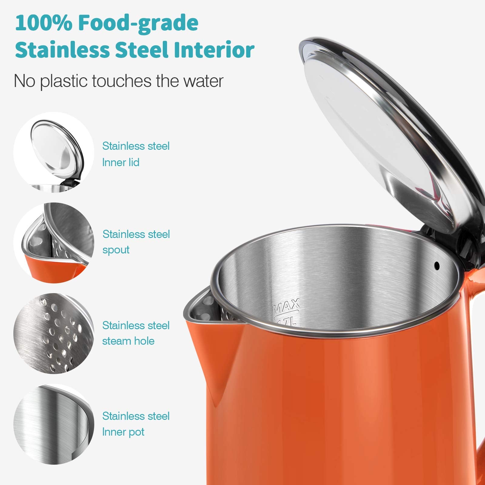 Secura Electric Water Kettle 1.8 Quart, Stainless Steel, Double Wall, Auto Shut-Off, Boil-Dry Protection, Orange, Model HB-3227B