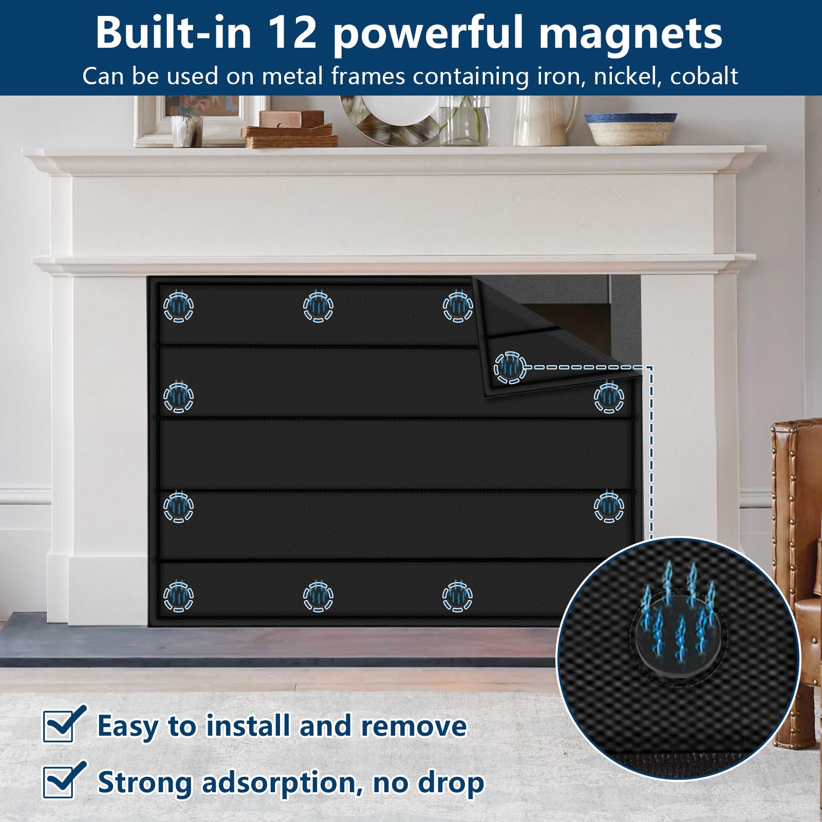 Whumsdog Magnetic Fireplace Blanket - Black, 39"x32", Metal, Model 1 - Heat Loss & Draft Stopper with Built-in Magnets