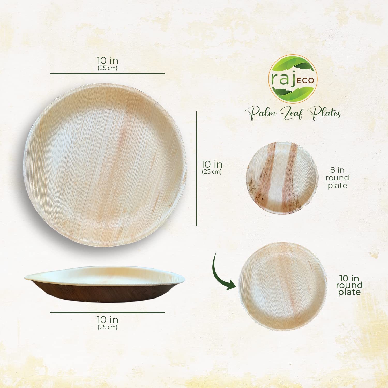 Raj Palm Leaf Plates [100-Pack] 10'' Round Plates Like Bamboo Plates Disposable, Strong, Decorative Compostable Tableware For We