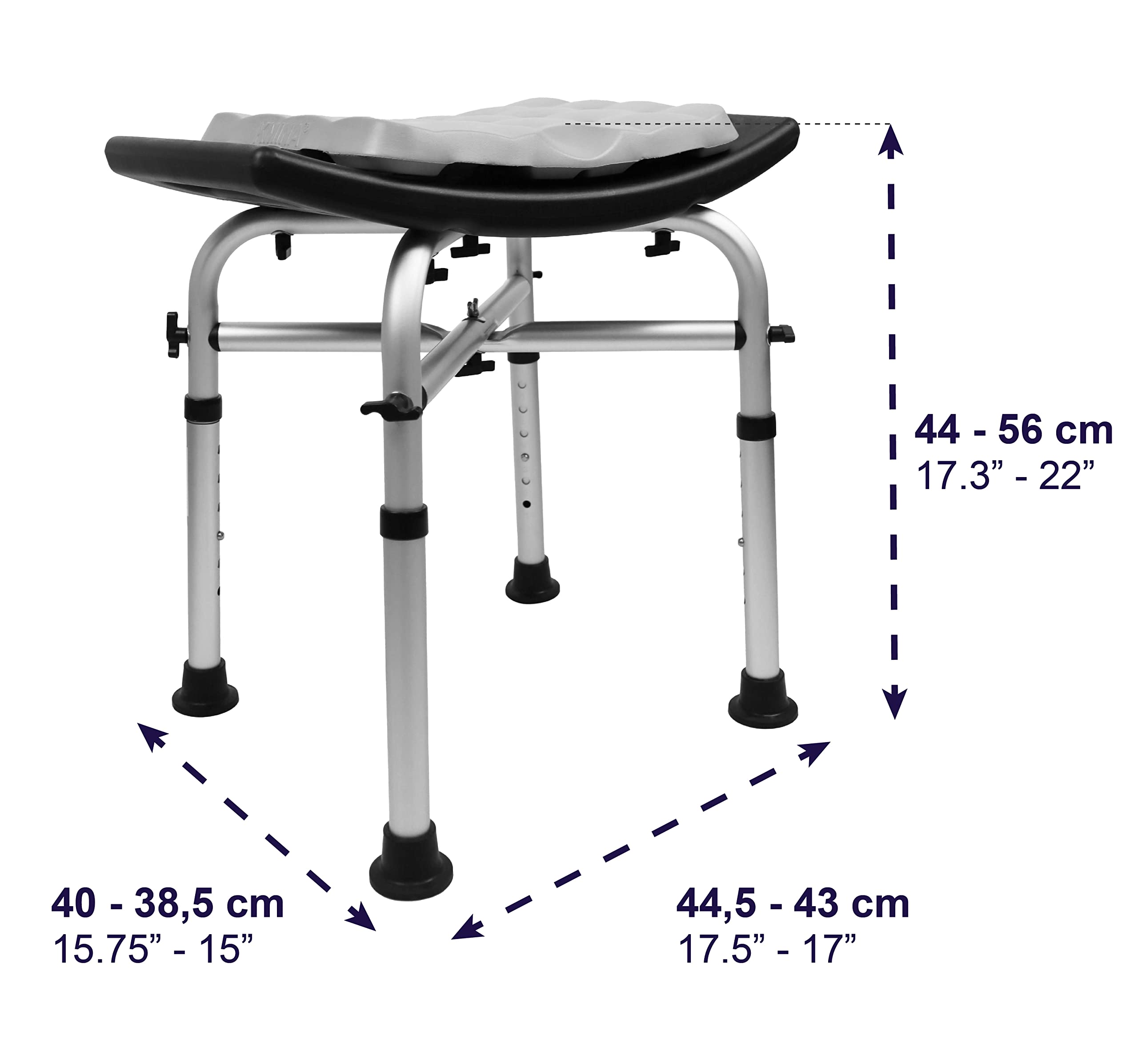 KMINA - Heavy Duty Shower Stool Padded (330 lb) with Double Reinforced crossbar and cushion  Shower Stool for Inside Shower  Shower chair for Bathtub  Black Shower Seat Free Assembly - Made in Europe
