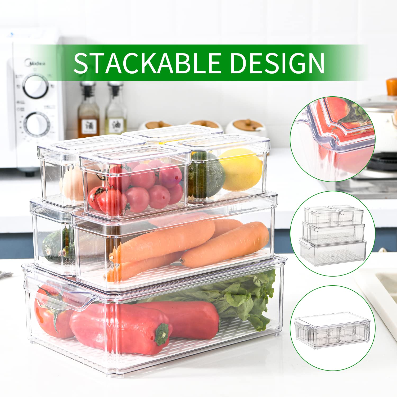 Aionnewie 7-Piece Stackable Fridge Organizer Set - Clear Containers With Lids, Perfect For Organizing Vegetables, Fruits, Food,