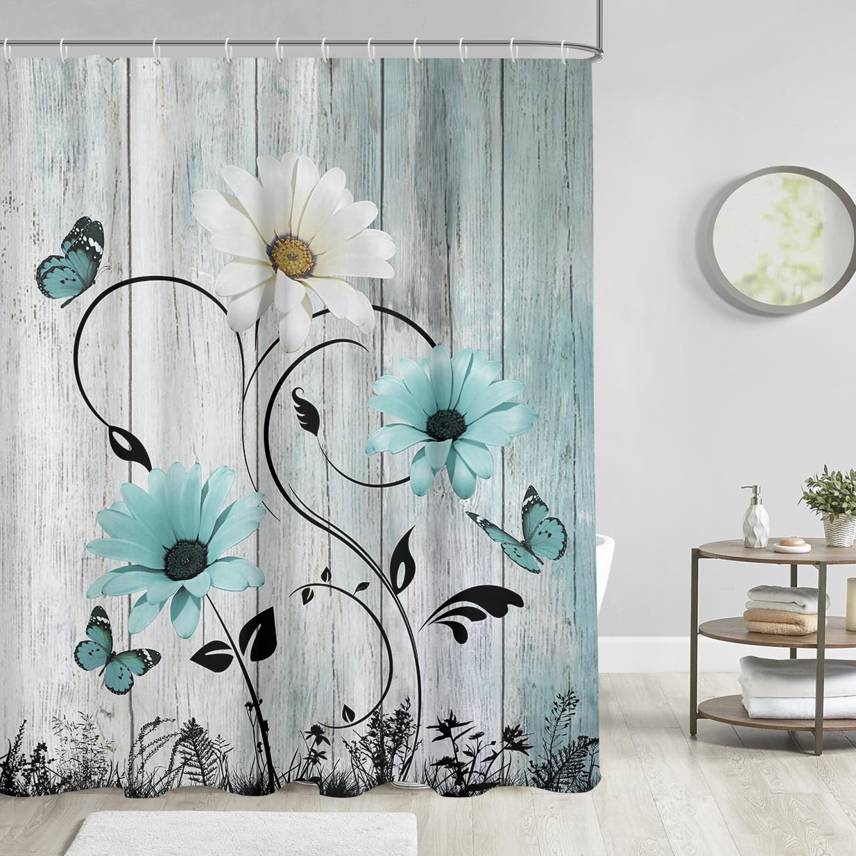 Aatter Teal Floral Shower Curtain Turquoise Aqua Flowers Rustic Country Farmhouse White Grey Gray Black Spring Butterfly Daisy A