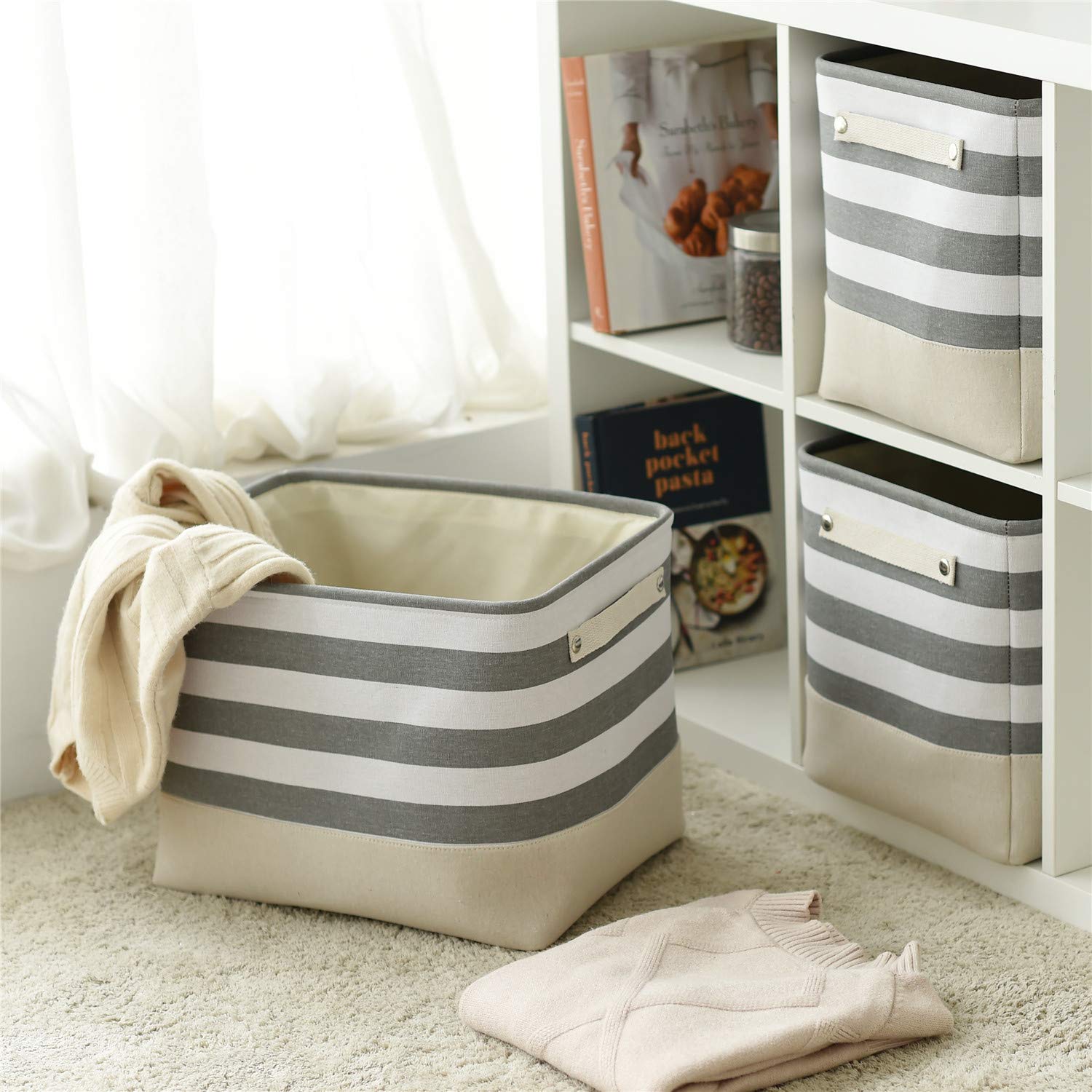 TheWarmHome Extra Large Cube Storage Bins Baskets for Organizing  Sturdy Fabric Storage Basket Cube W/Handles  Decorative Foldable Storage Baskets for Shelves Closet Nursery Toy (3 Pack 16?12?12inch)