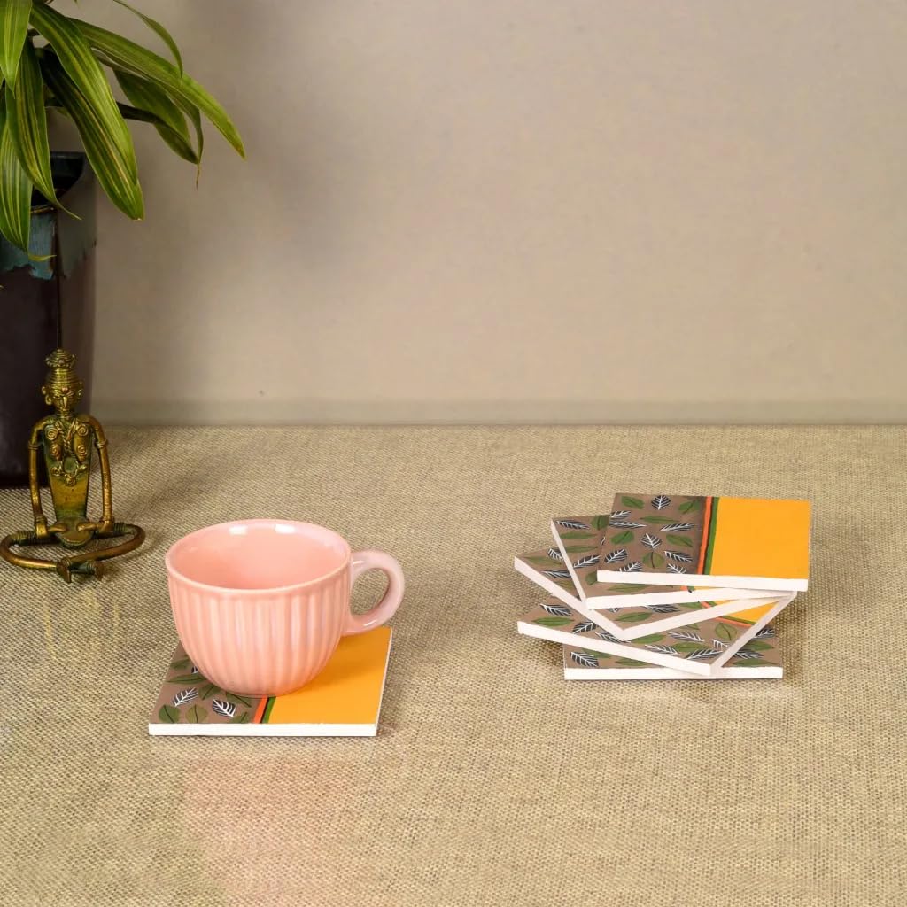 Dudki (Set Of 6) Melody Of Leaves Wooden Coaster|Heat Resistant Hot Pot Coaster|Cup Mat Tea Coaster Dining Table Accessory|Kitch