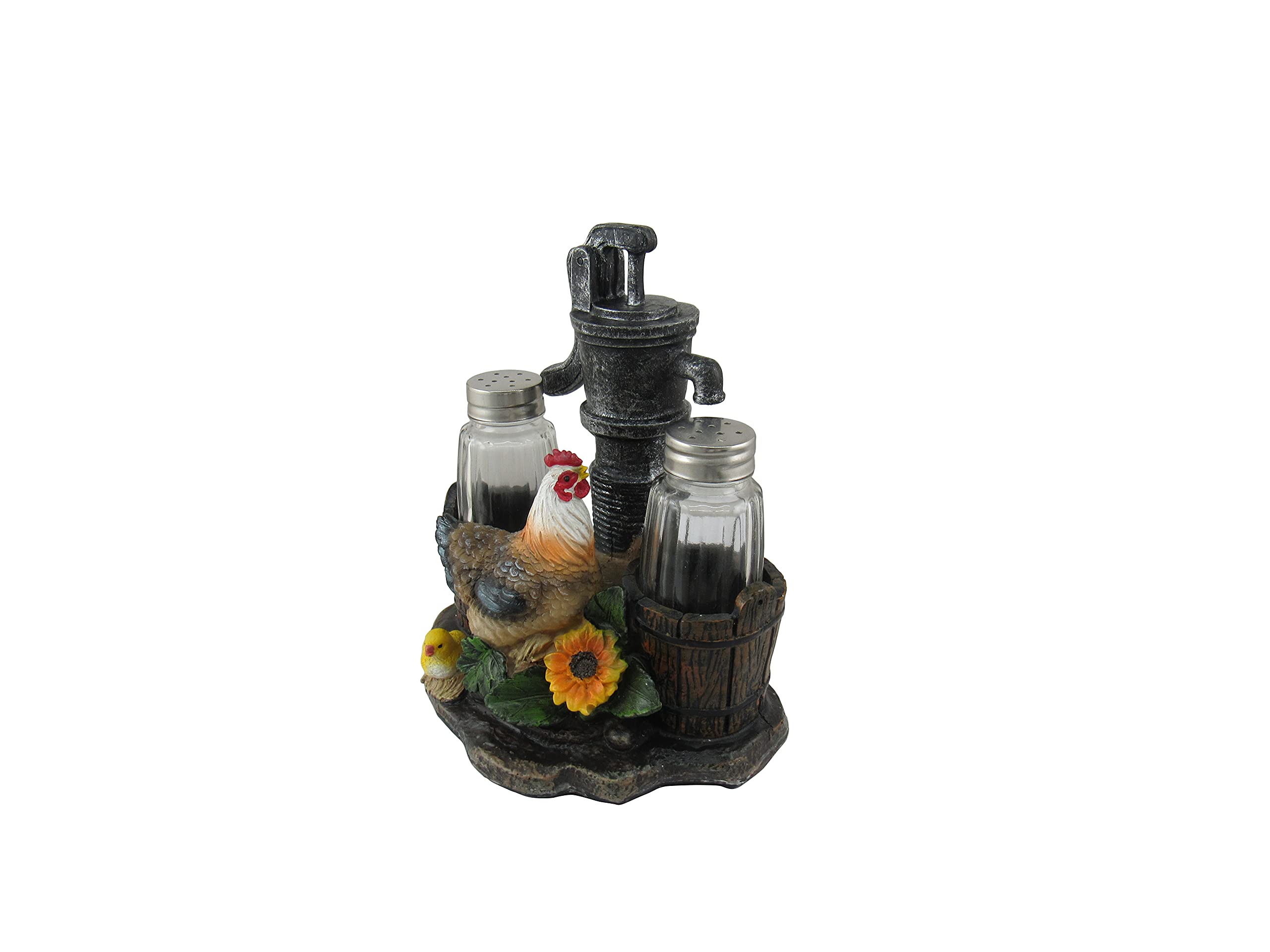 Dwk Farmhouse Chicken Figurine With Vintage Water Pump Spice Holder With Refillable Salt And Pepper Shakers 3 Piece Set | Rustic