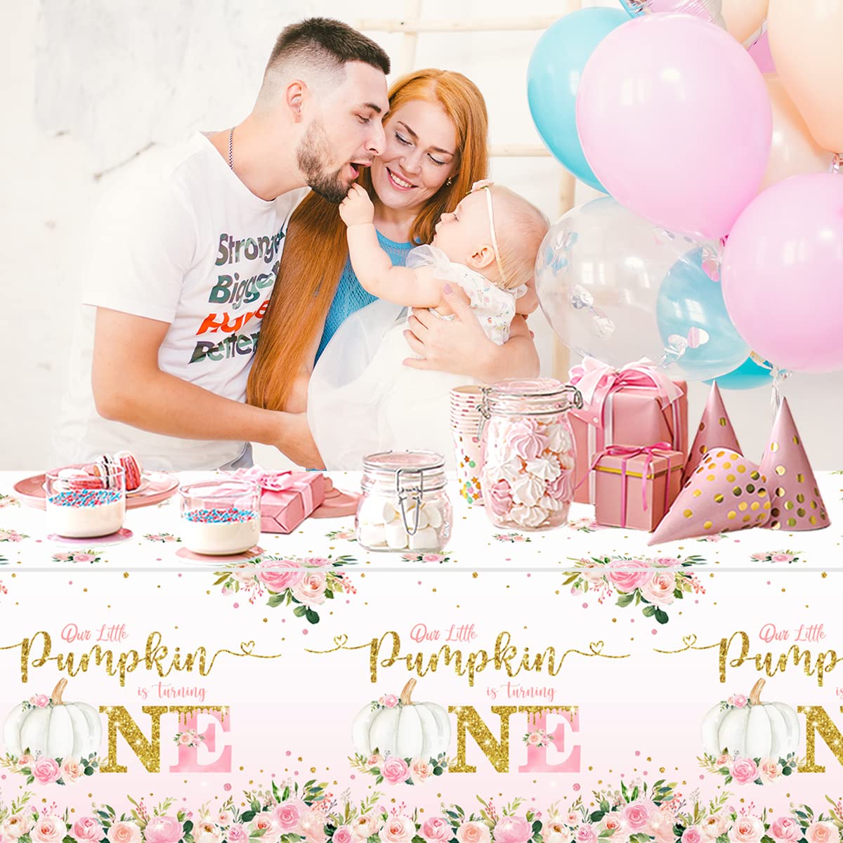 Little Pumpkin Baby Shower Decorations Girl-3Pcs Our Little Pumpkin is Turning One Tablecloths Pink Pumpkin Plastic Rectangle Ta